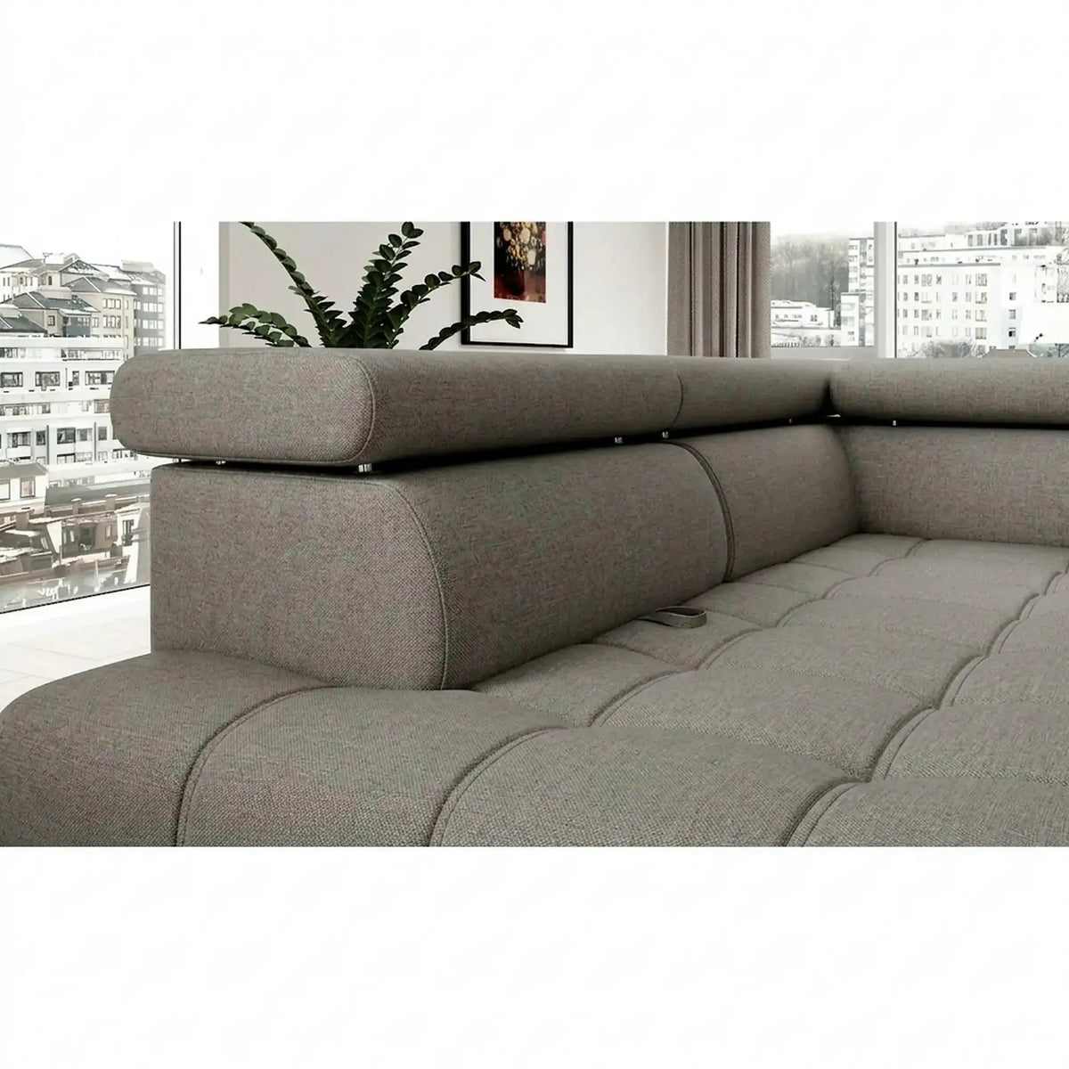 Coltar BAGGIO, sezlong stanga, stofa catifelata cappuccino - Poso 03, cu reglaj electric, incarcator wireless, lada depozitare si tetiere reglabile, 280x196x100 cm