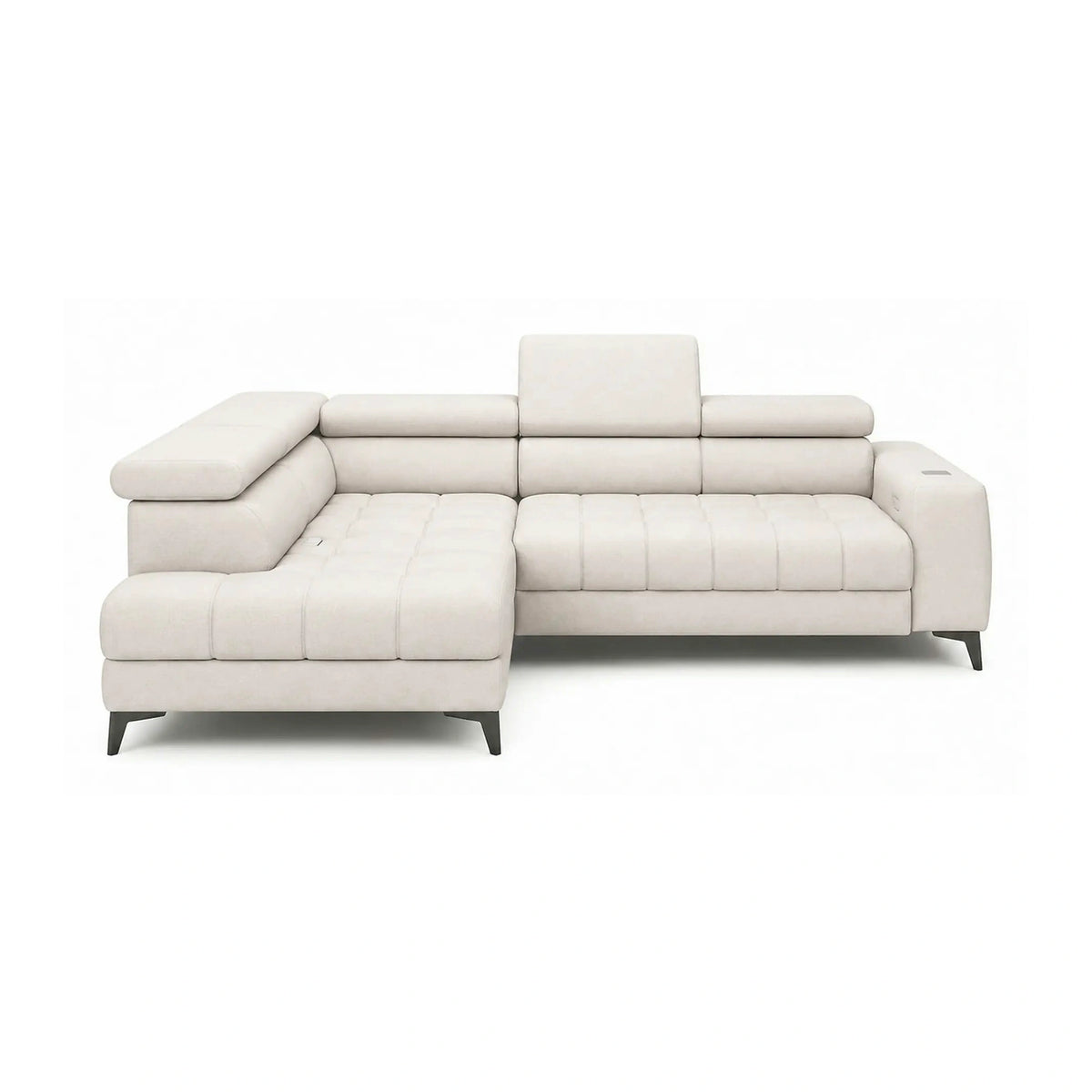 Coltar BAGGIO, sezlong stanga, stofa catifelata crem - Salvador 01, cu reglaj electric, incarcator wireless, lada depozitare si tetiere reglabile, 280x196x100 cm