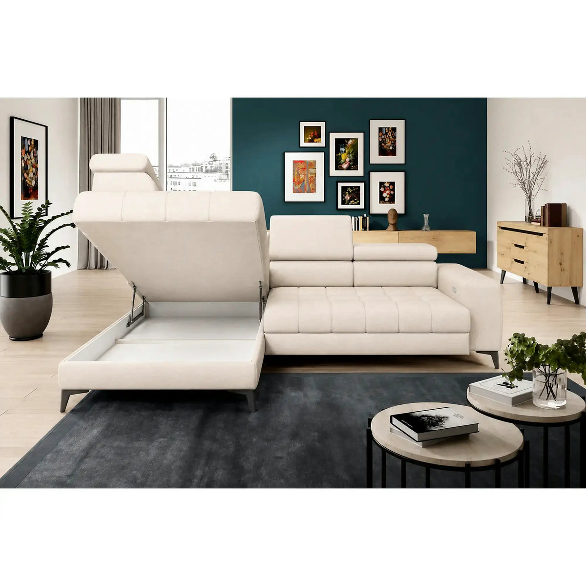 Coltar BAGGIO, sezlong stanga, stofa catifelata crem - Salvador 01, cu reglaj electric, incarcator wireless, lada depozitare si tetiere reglabile, 280x196x100 cm