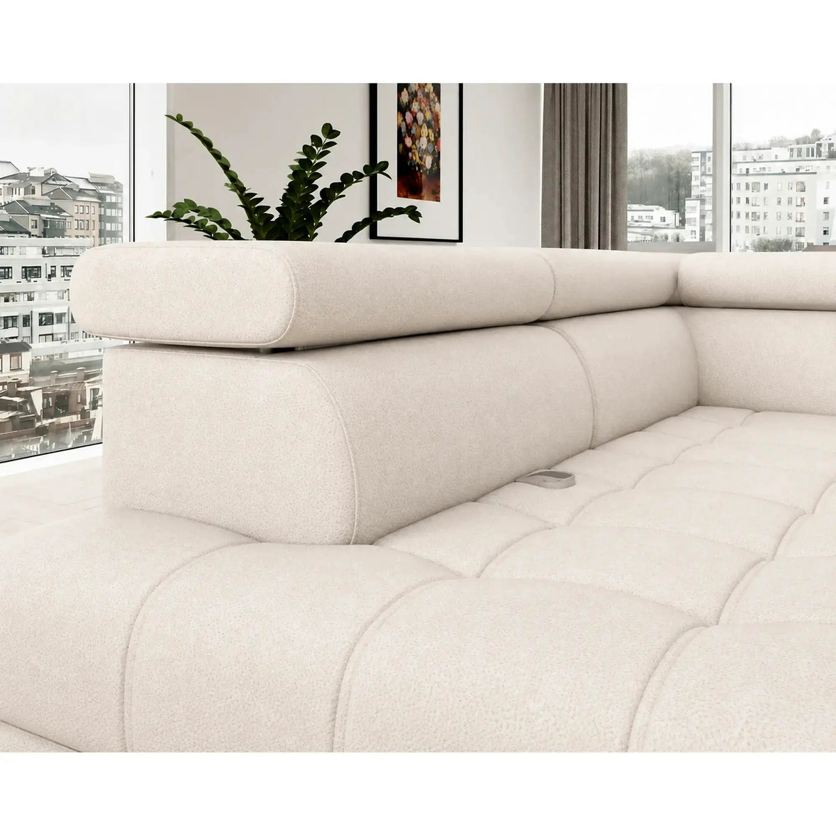 Coltar BAGGIO, sezlong stanga, stofa catifelata crem - Salvador 01, cu reglaj electric, incarcator wireless, lada depozitare si tetiere reglabile, 280x196x100 cm