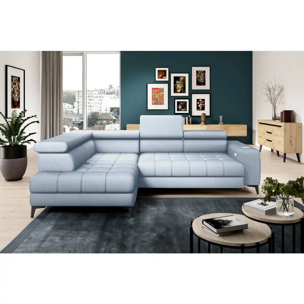 Coltar BAGGIO, sezlong stanga, stofa catifelata gri - Monolith 84, cu reglaj electric,lada depozitare, incarcator wireless si tetiere reglabile, 280x196x100 cm