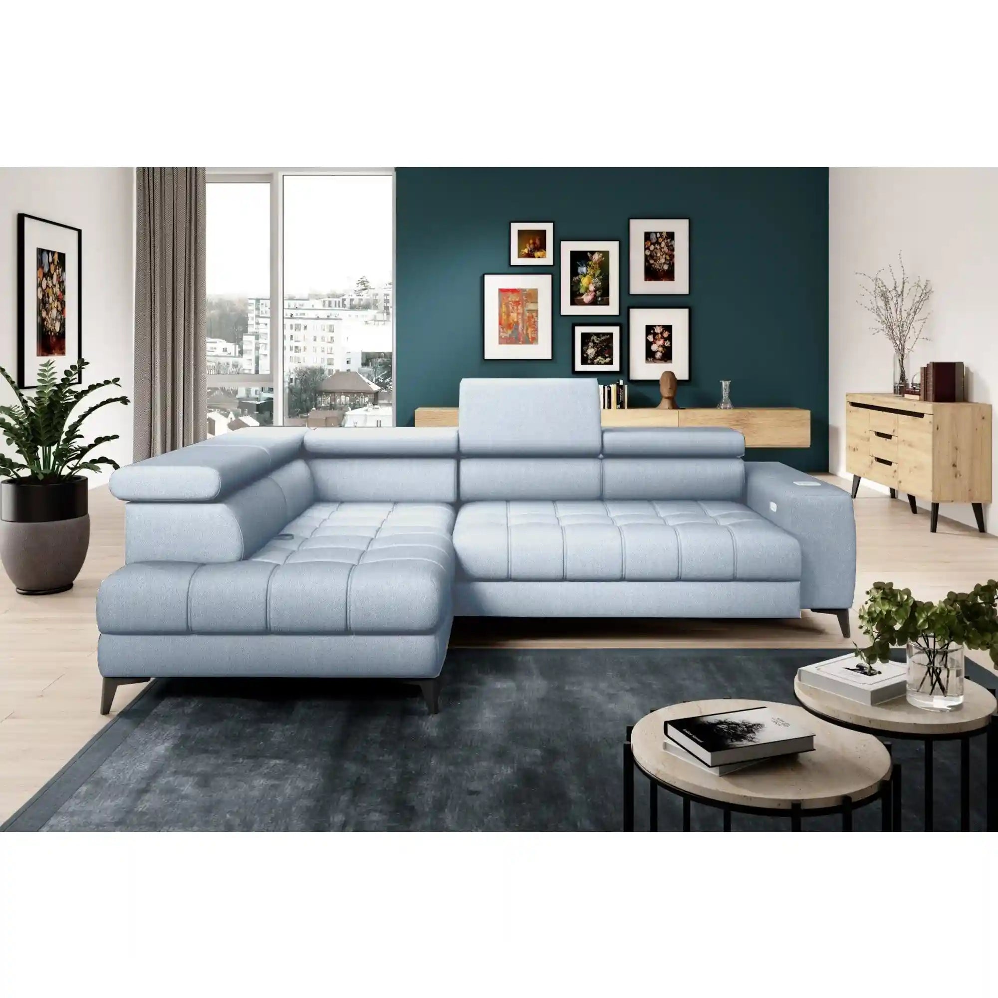 Coltar BAGGIO, sezlong stanga, stofa catifelata gri - Monolith 85, cu reglaj electric, incarcator wireless, lada depozitare si tetiere reglabile, 280x196x100 cm