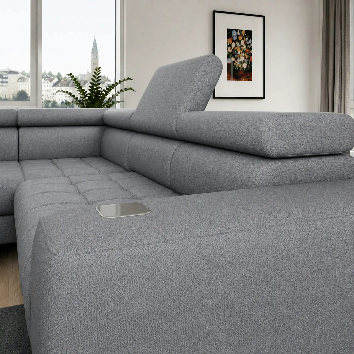 Coltar BAGGIO, sezlong stanga, stofa catifelata gri - Monolith 92, cu reglaj electric, lada depozitare, incarcator wireless si tetiere reglabile, 280x196x100 cm