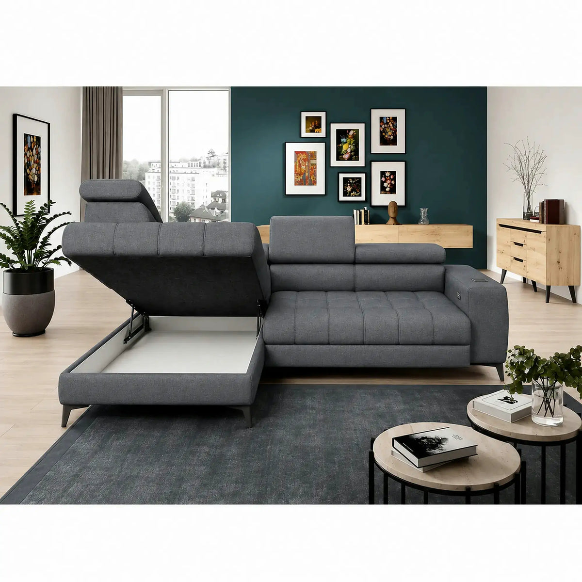 Coltar BAGGIO, sezlong stanga, stofa catifelata gri - Monolith 92, cu reglaj electric, lada depozitare, incarcator wireless si tetiere reglabile, 280x196x100 cm