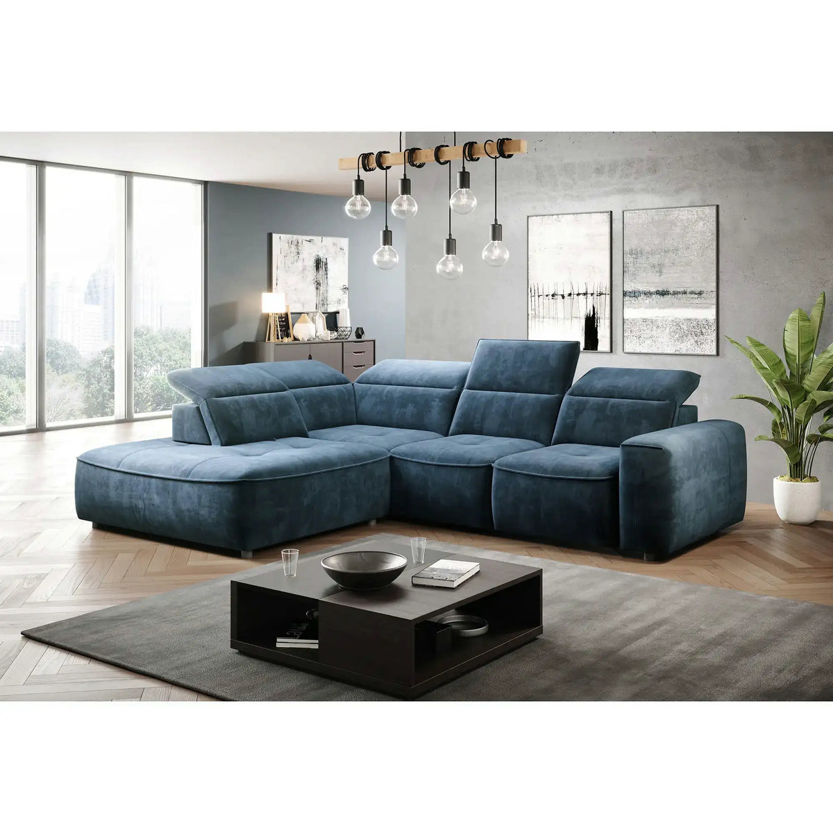 Coltar COLOMBO L, personalizabil, cu reglaj electric, tetiere reglabile si lada depozitare, 296x227x103 cm