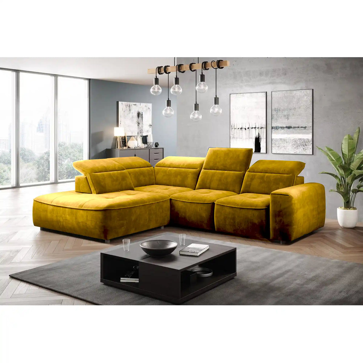 Coltar COLOMBO L, personalizabil materiale gama Oferta Avantaj, cu reglaj electric, tetiere reglabile si lada depozitare, 296x227x103 cm