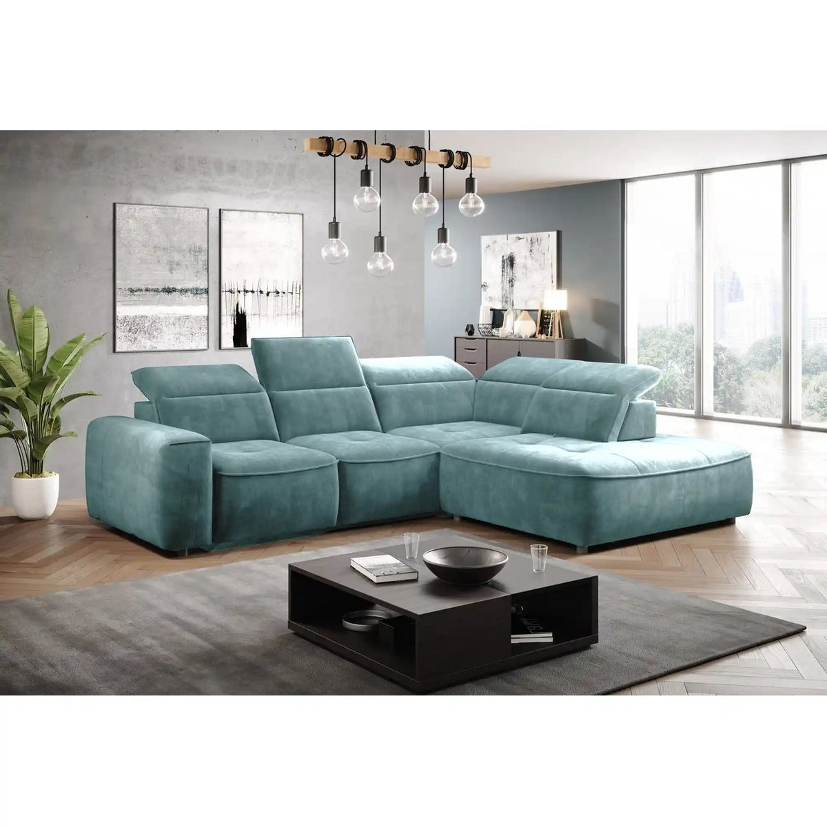 Coltar COLOMBO L, personalizabil materiale gama Premium, cu reglaj electric, tetiere reglabile si lada depozitare, 296x227x103 cm
