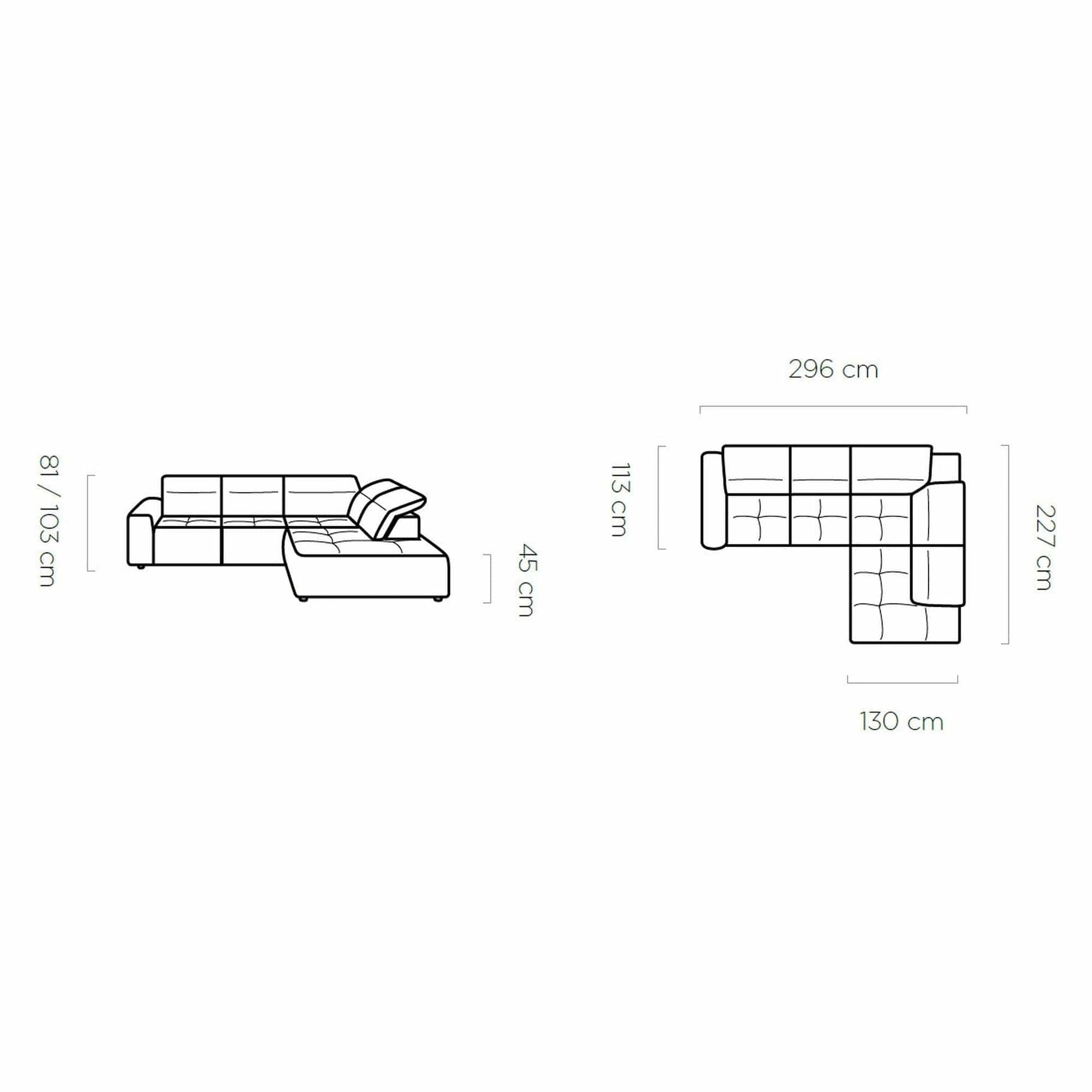 Coltar COLOMBO L, sezlong stanga, stofa catifelata albastru - Palladium 13, Gama Premium, cu lada depozitare, reglaj electric, tetiere, spatar si sezut reglabile, 296x227x103 cm