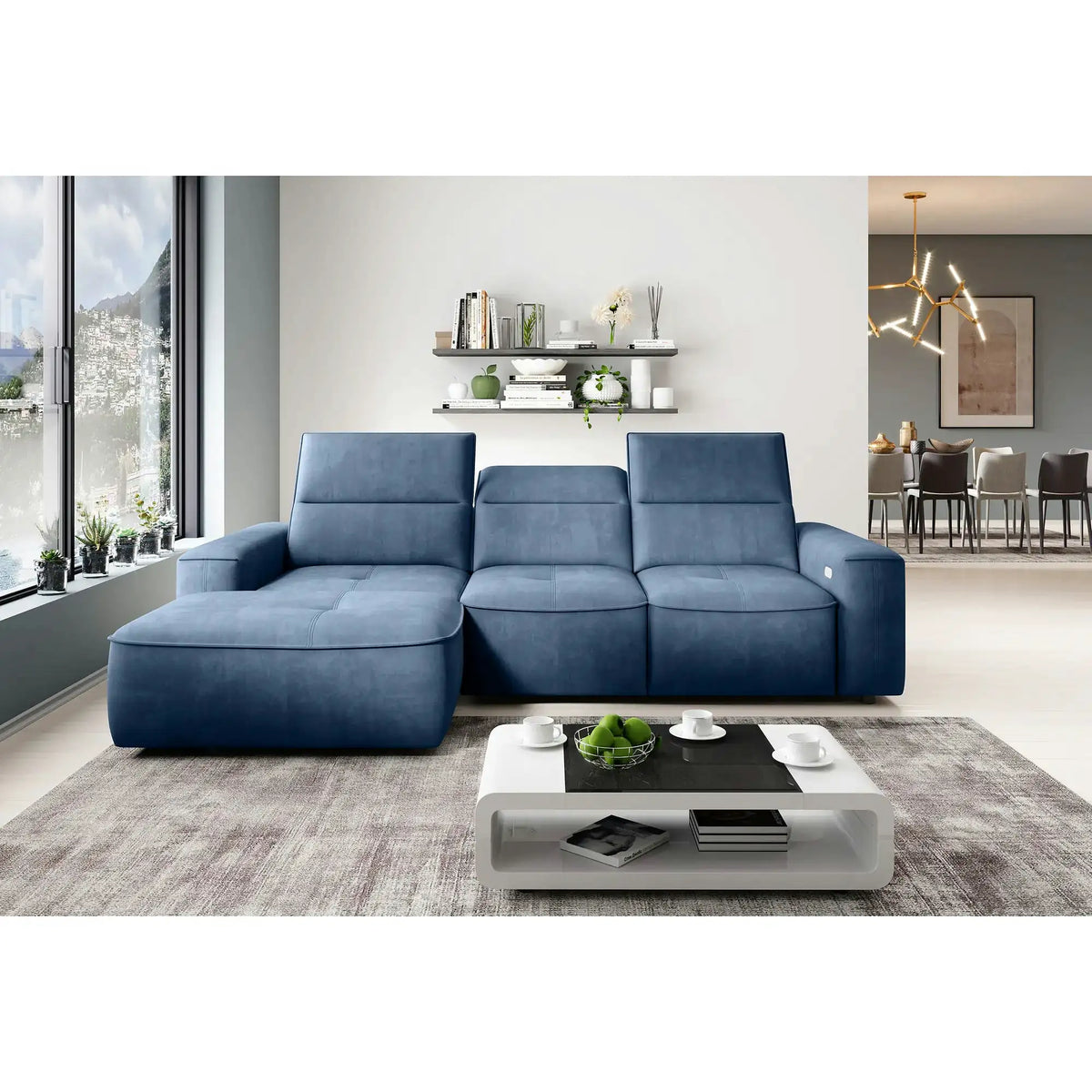 Coltar COLOMBO MINI, personalizabil, cu reglaj electric, tetiere reglabile si lada depozitare, 275x182x103 cm