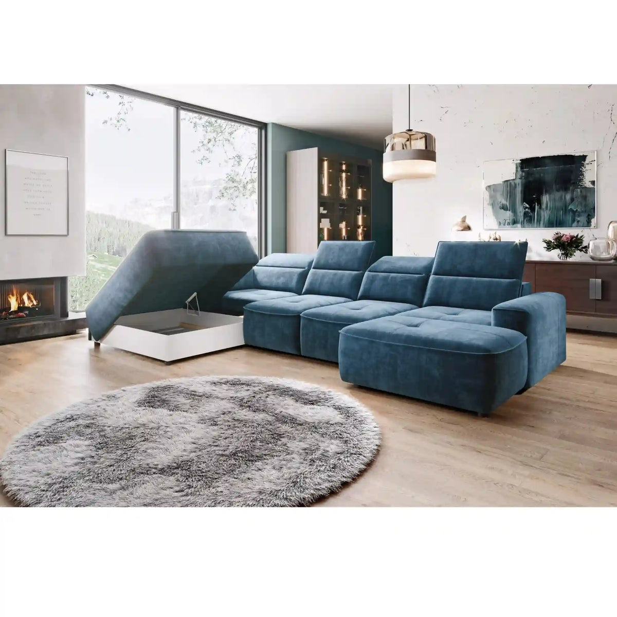 Coltar COLOMBO XL, personalizabil materiale gama Oferta Avantaj, cu reglaj electric si lada depozitare, 376x227x103 cm