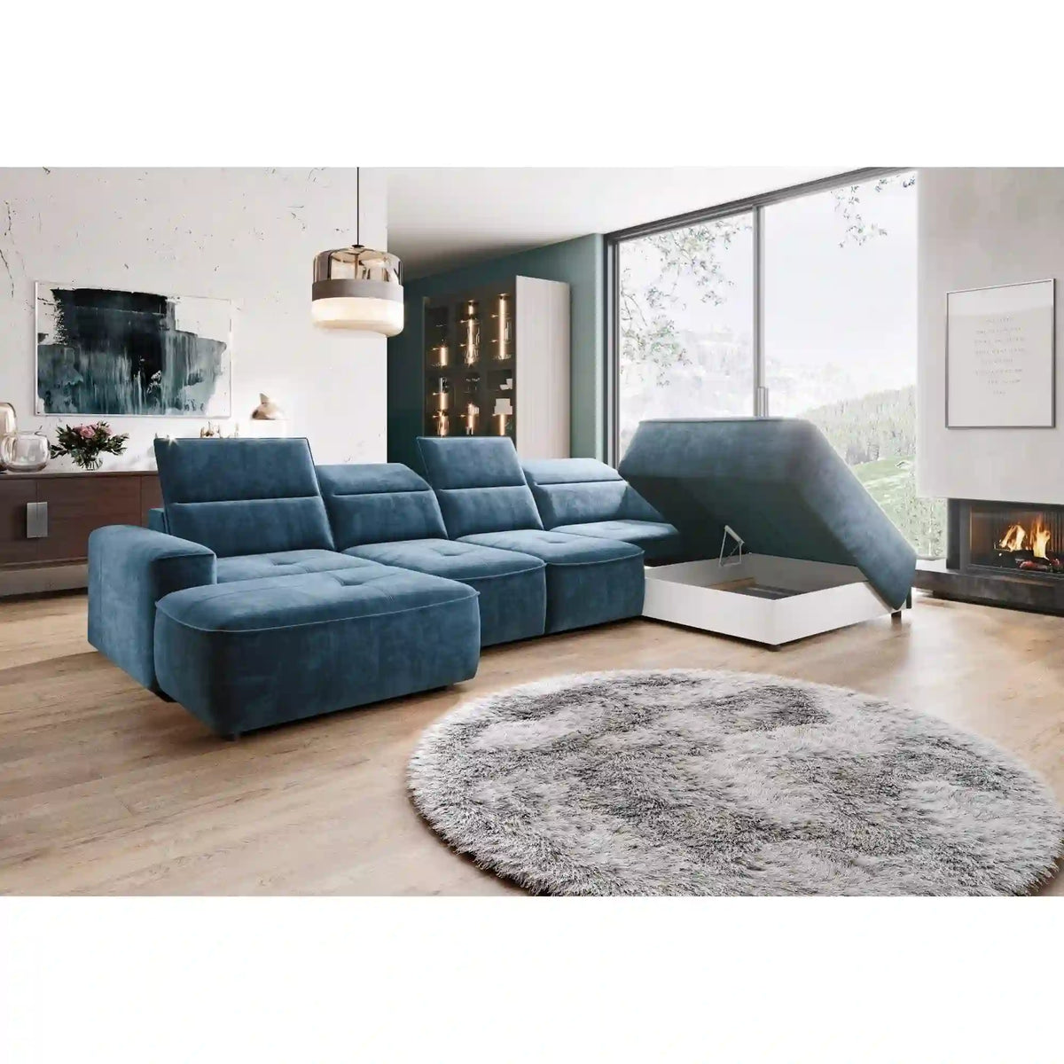 Coltar COLOMBO XL, personalizabil materiale gama Premium, cu reglaj electric si lada depozitare, 376x227x103 cm