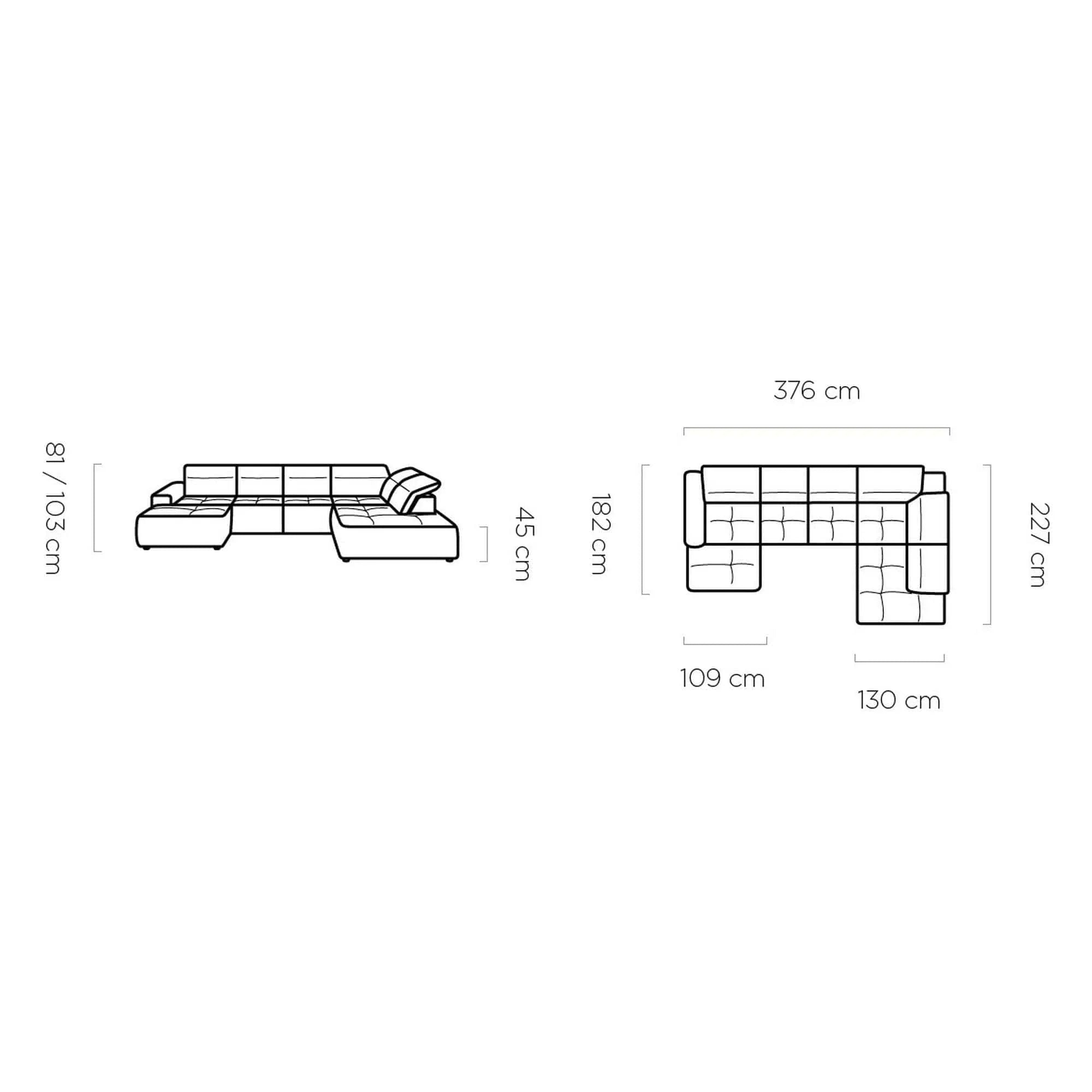 Coltar COLOMBO XL, sezlong dreapta, stofa catifelata gri - Salvador 14, Gama Premium, cu reglaj electric si lada depozitare, 376x227x103 cm