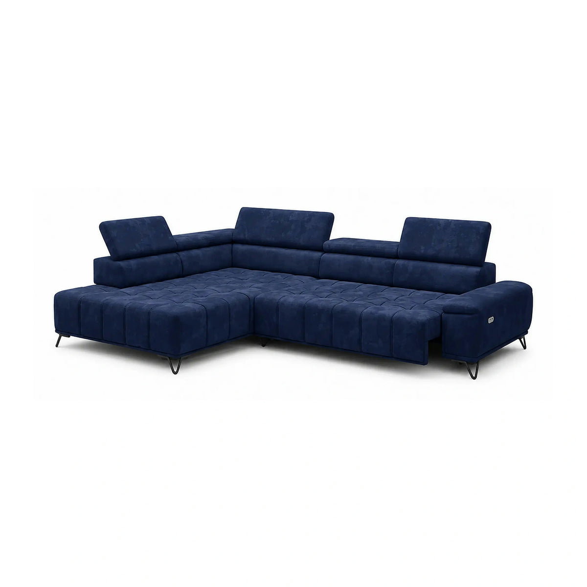 Coltar cu sezlong PALLADIO L, sezlong stanga, stofa catifelata albastru inchis - Riviera 81, cu reglaj electric si tetiere reglabile, 320x220x99 cm