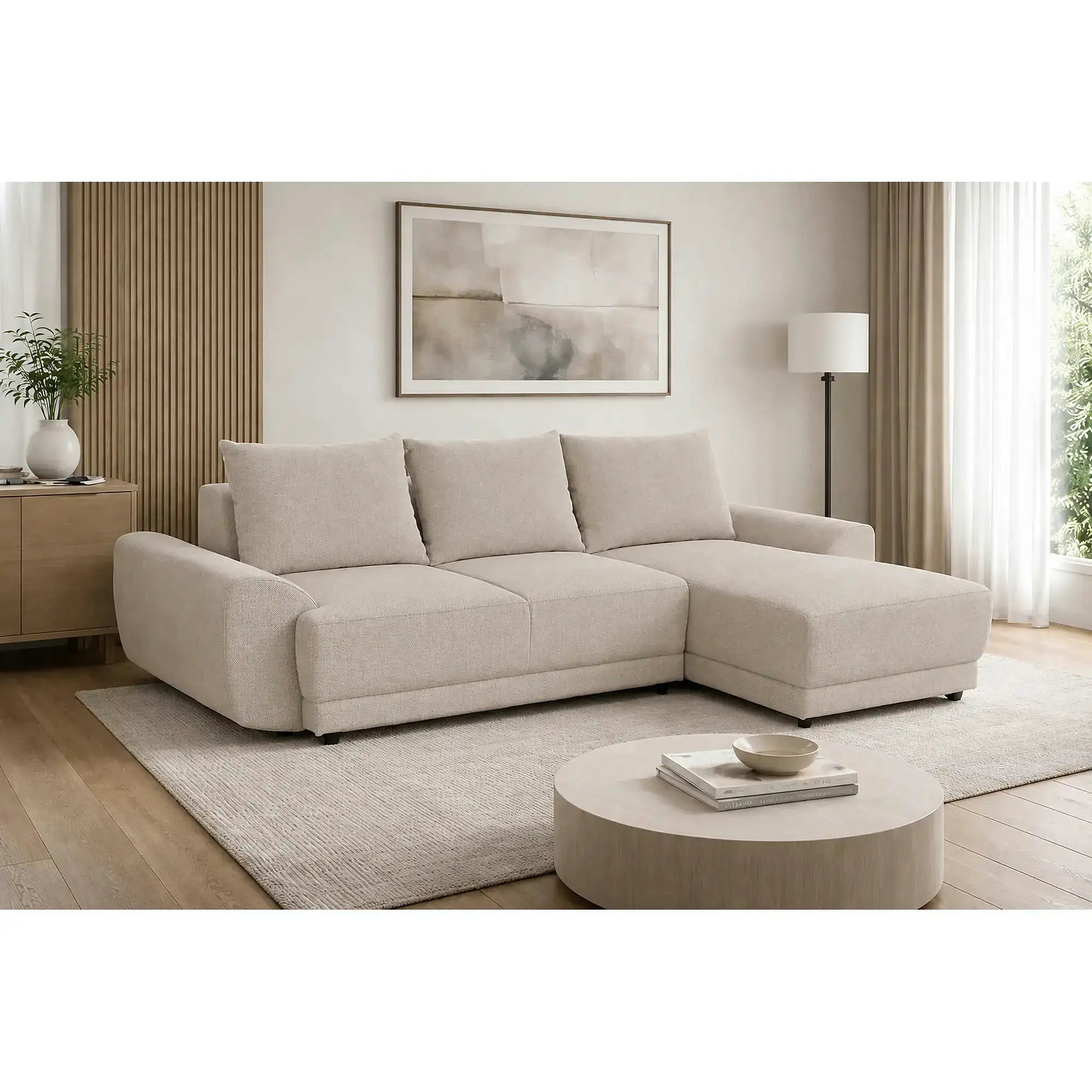 Coltar de living ASTOR, sezlong dreapta, stofa bej - New York G008, 254x150x83 cm
