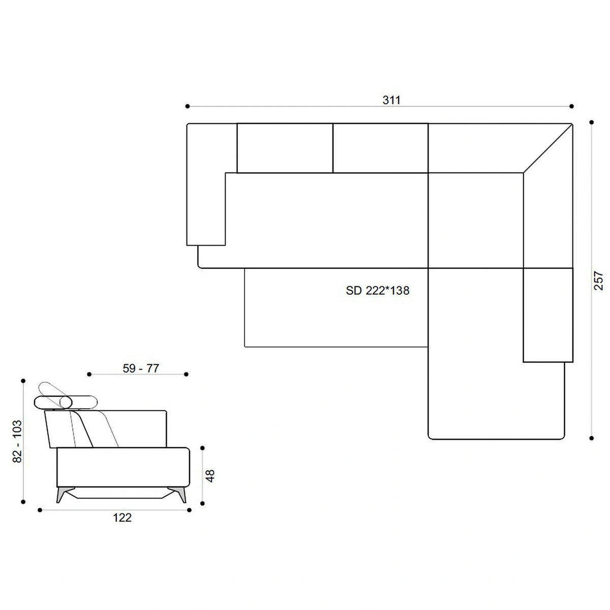 Coltar de living DELTA, sezlong dreapta, stofa gri - New York G003, 311x257x103 cm