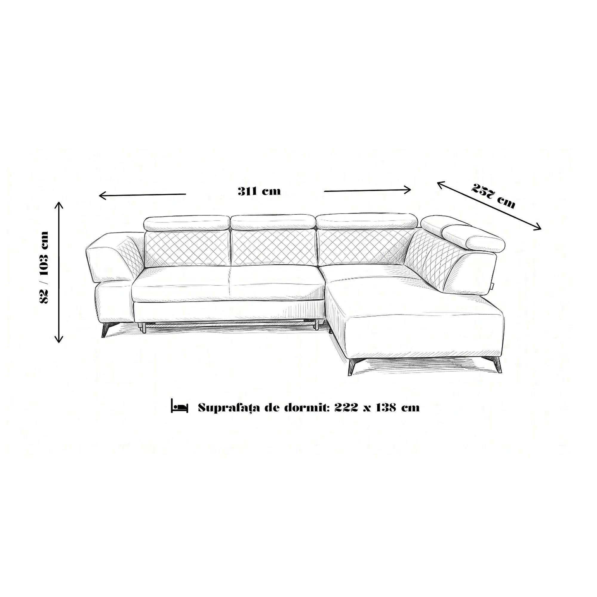 Coltar de living DELTA, sezlong dreapta, stofa gri - New York G003, 311x257x103 cm