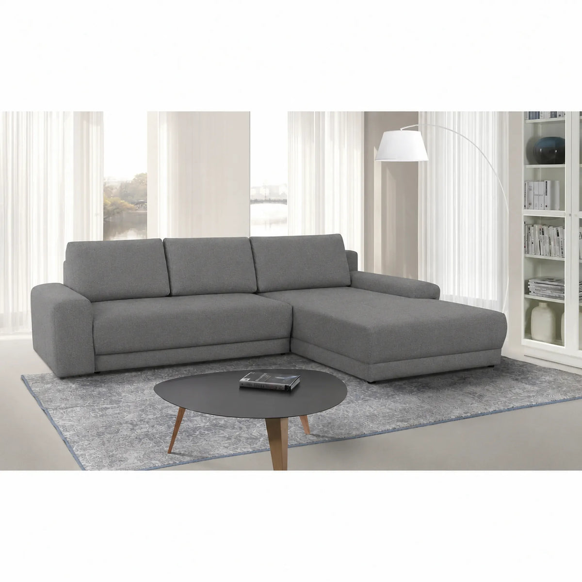 Coltar de living extensibil ADRIA, universal, stofa catifelata gri - Monolith 85, cu lada depozitare, 308x213x90 cm
