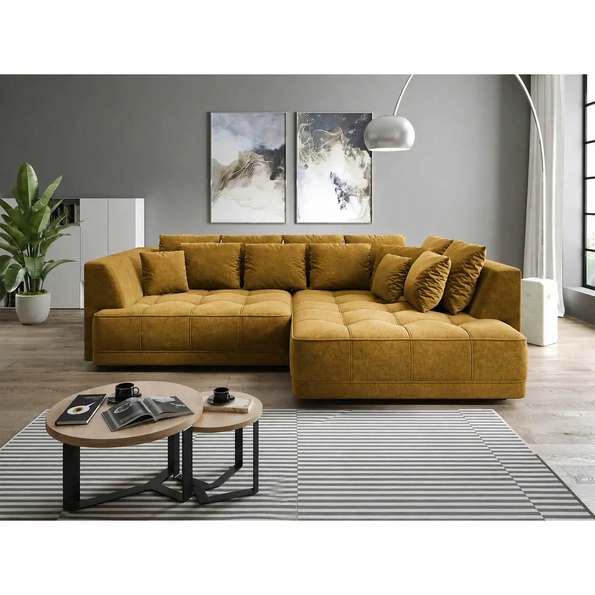 Coltar de living TIGA, sezlong dreapta, stofa clasica galben mustar - Austin 11, cu reglaj electric, 286x207x77 cm