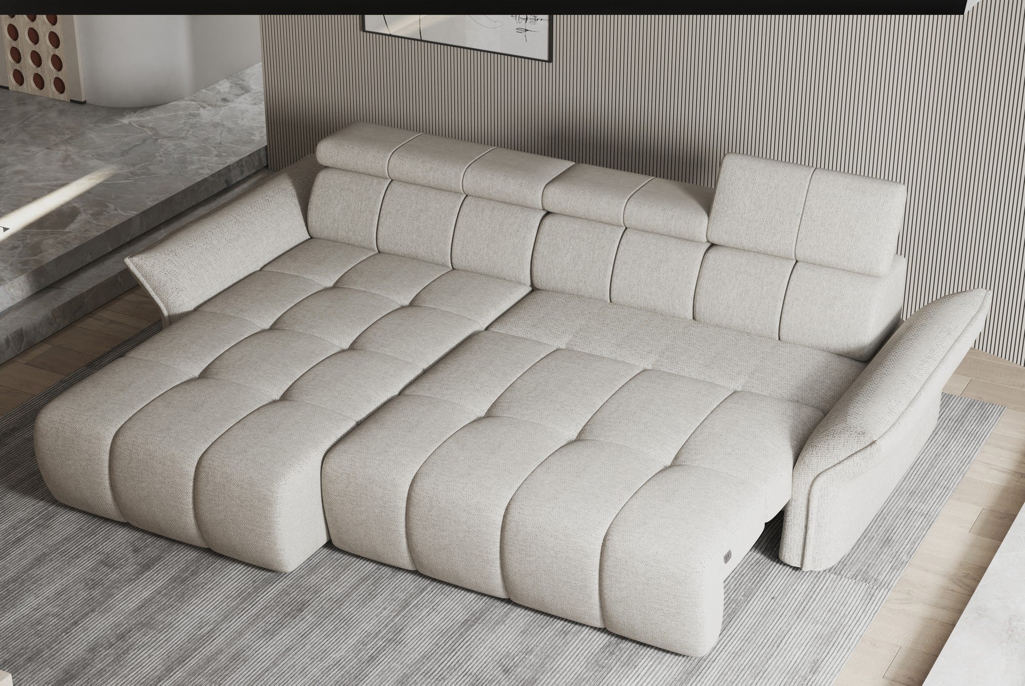 Coltar ENZO S, personalizabil materiale gama Oferta Avantaj, cu lada depozitare si reglaj electric, 282x177x107 cm