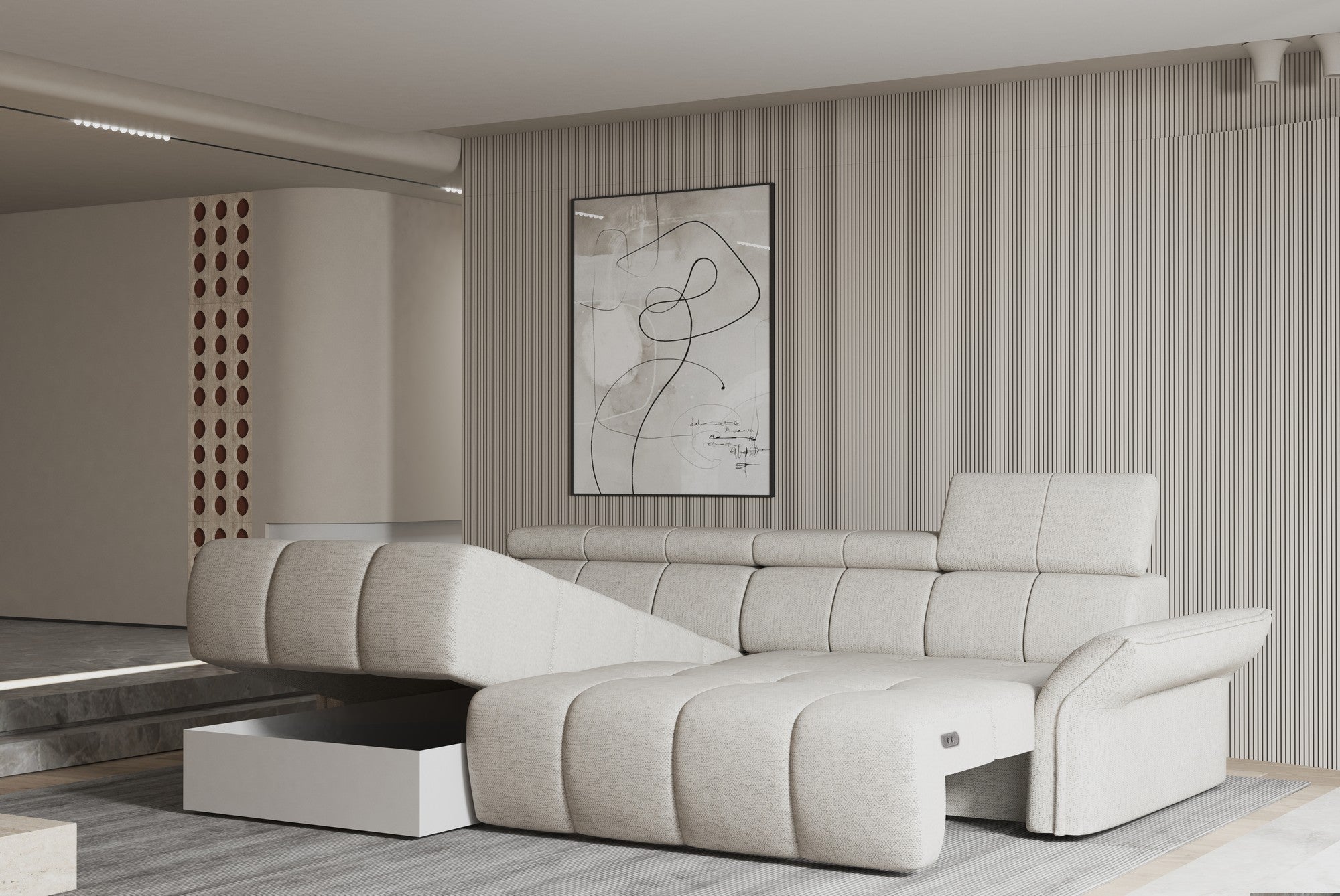 Coltar ENZO S, personalizabil materiale gama Oferta Avantaj, cu lada depozitare si reglaj electric, 282x177x107 cm