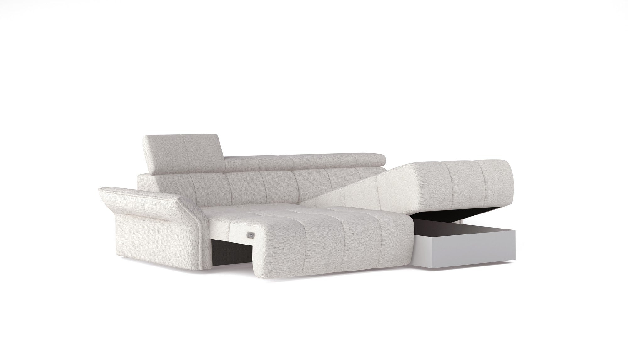 Coltar ENZO S, personalizabil materiale gama Oferta Avantaj, cu lada depozitare si reglaj electric, 282x177x107 cm