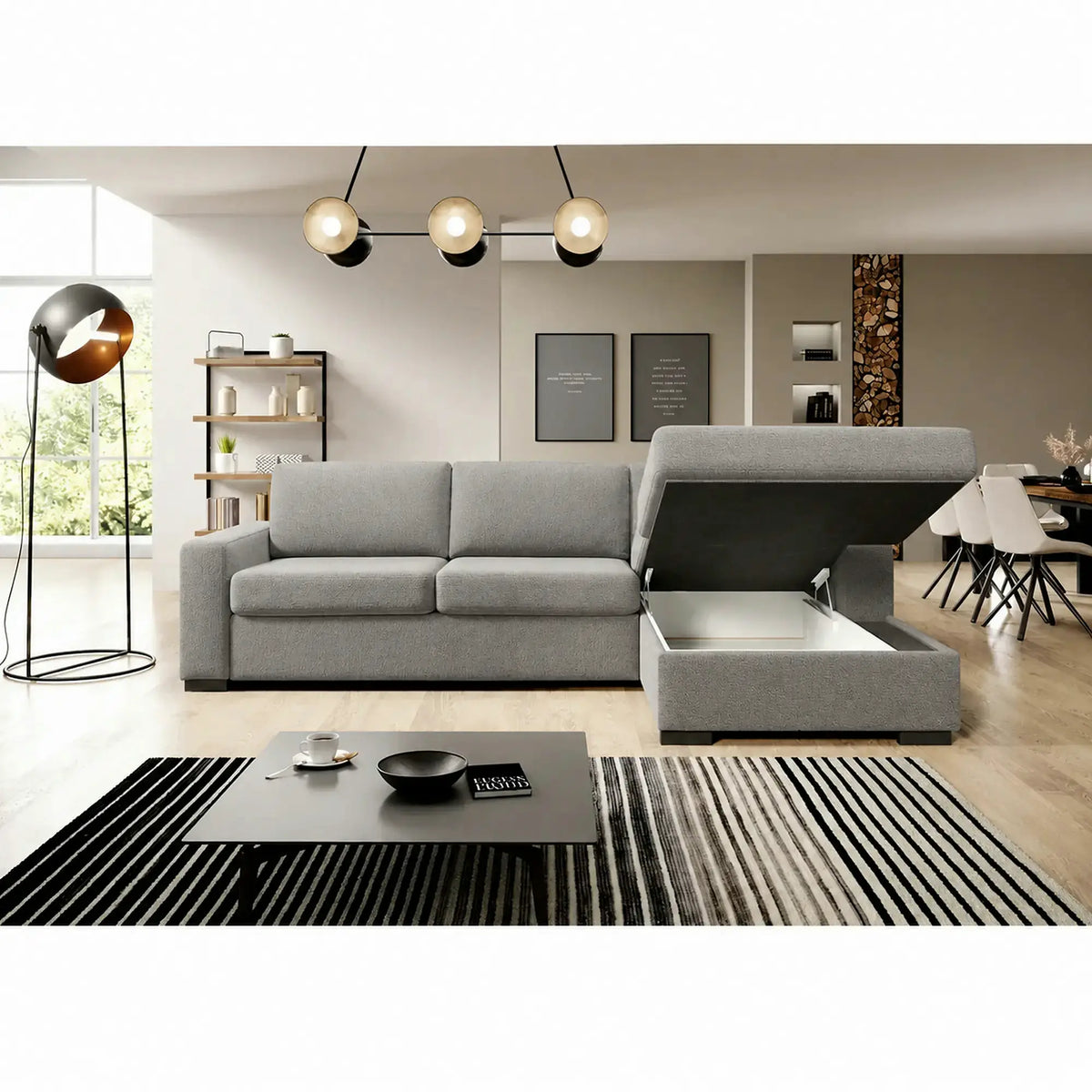 Coltar extensibil 160x200 VANILLA CORNER, sezlong dreapta, stofa catifelata gri - Salvador 14, cu lada depozitare, 303x173x87 cm