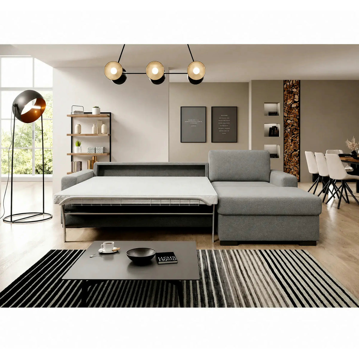 Coltar extensibil 160x200 VANILLA CORNER, sezlong dreapta, stofa catifelata gri - Salvador 14, cu lada depozitare, 303x173x87 cm