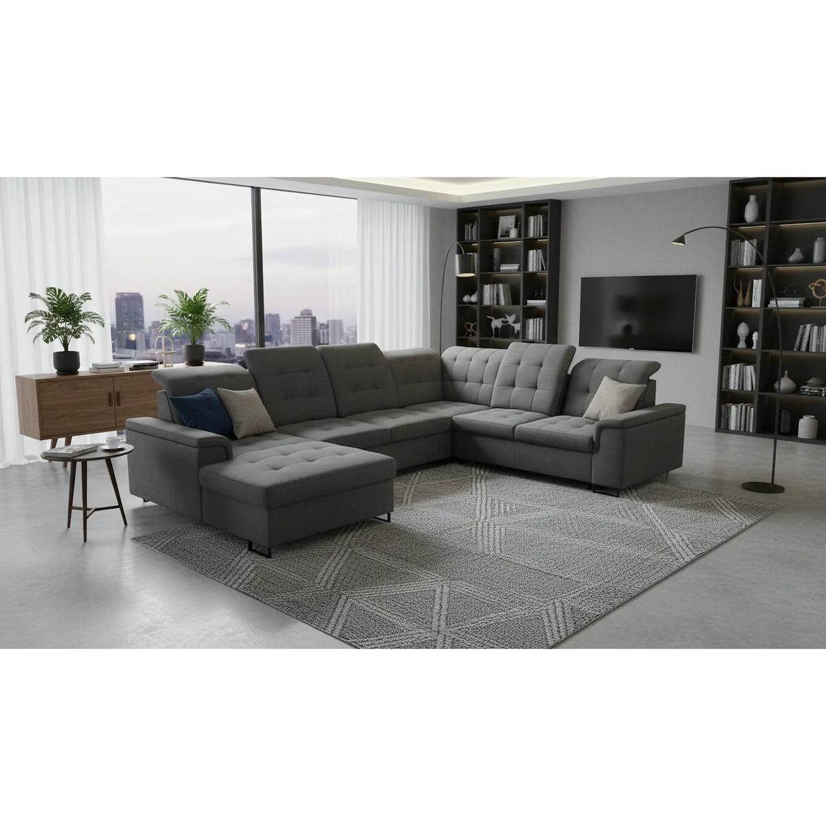 Coltar extensibil ARAGON, sezlong stanga, stofa catifelata gri - Voss 15, cu lada depozitare, 270x230x150 cm