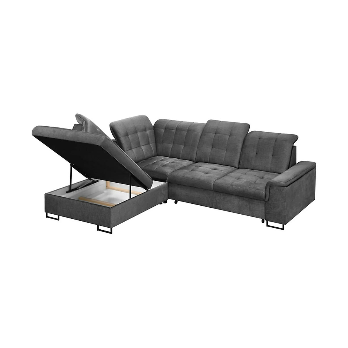 Coltar extensibil ARAGON, sezlong stanga, stofa catifelata gri - Voss 15, cu lada depozitare, 270x230x150 cm