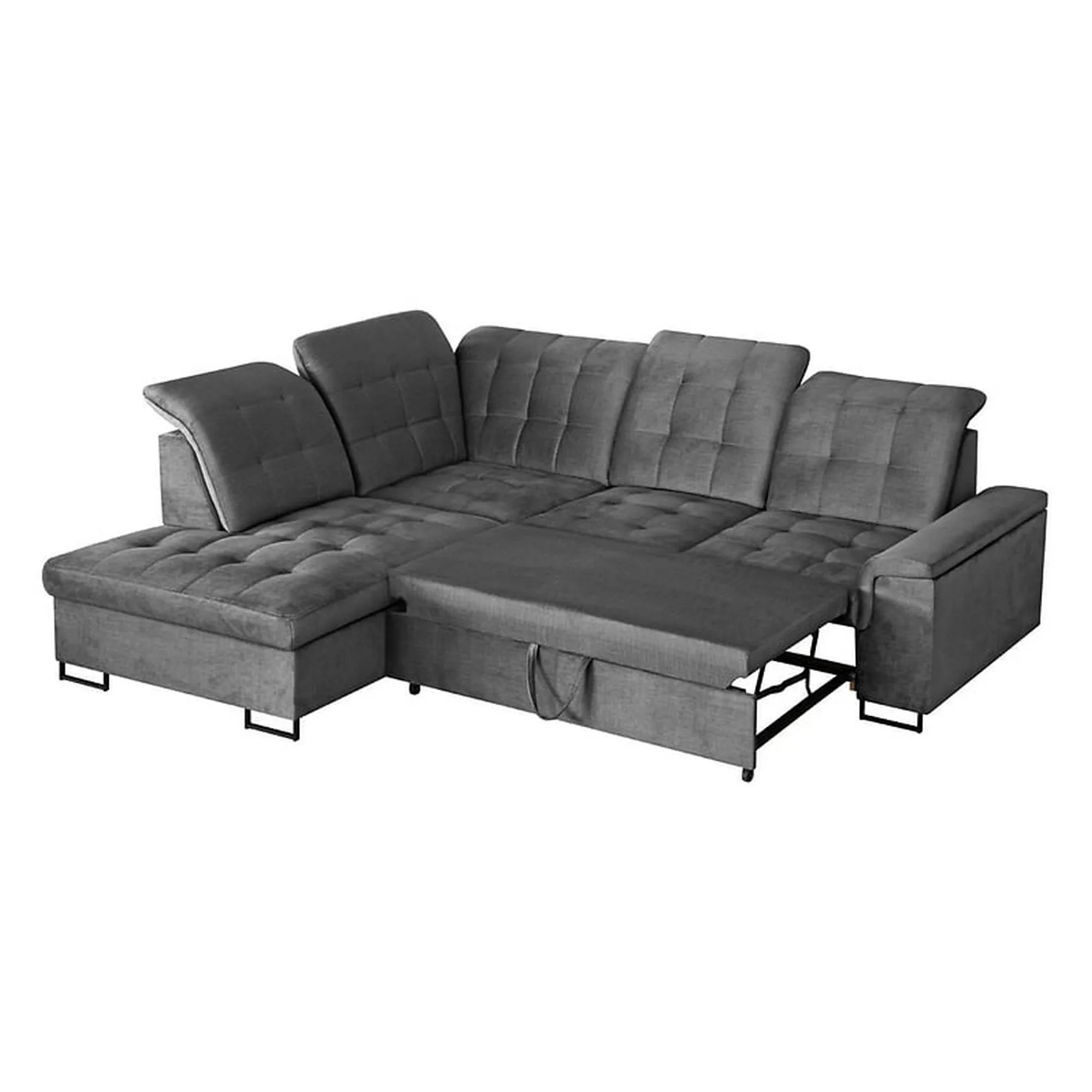 Coltar extensibil ARAGON, sezlong stanga, stofa catifelata gri - Voss 15, cu lada depozitare, 270x230x150 cm