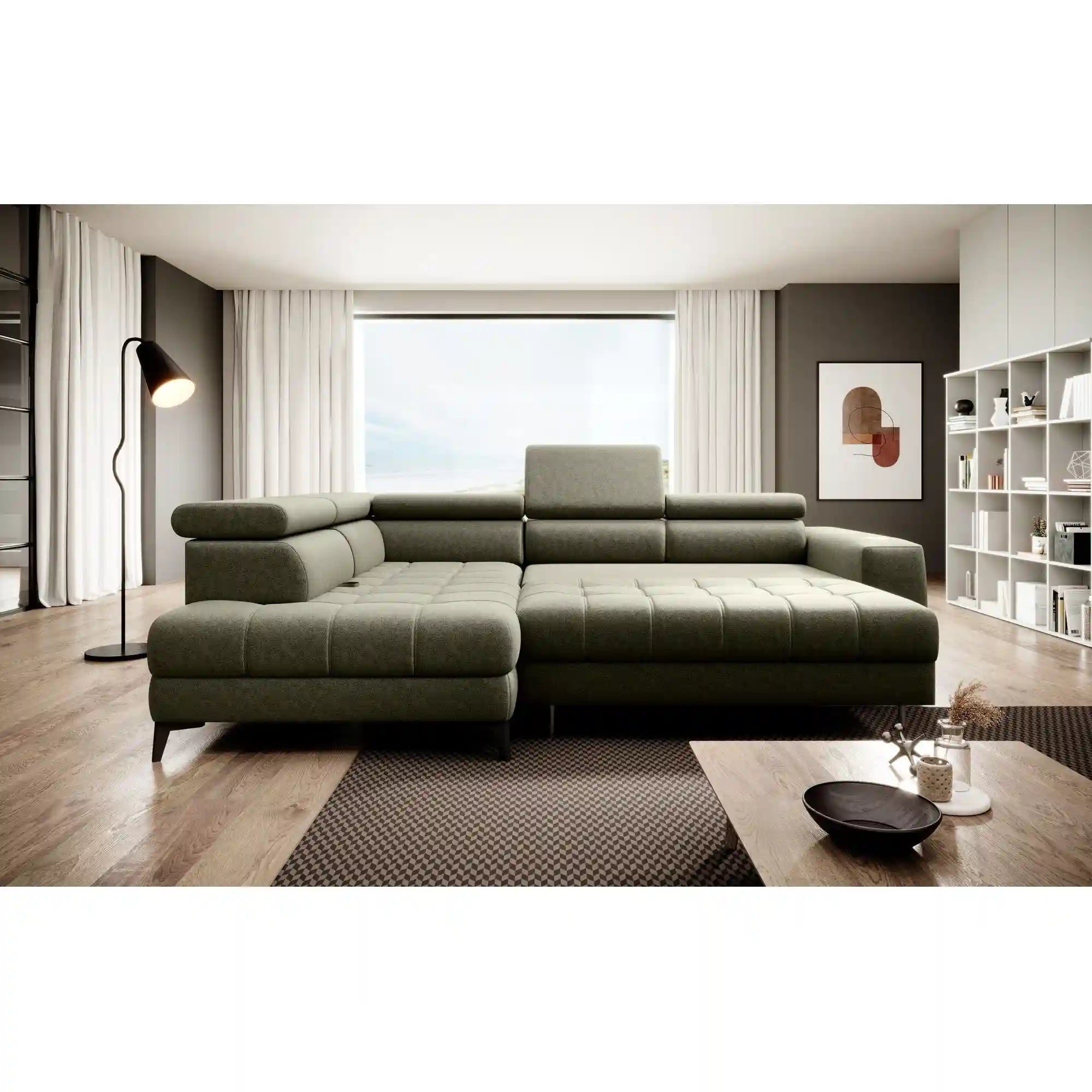 Coltar extensibil ASTOLA, personalizabil materiale Gama Premium, cu lada depozitare si tetiere reglabile, 280x193x99 cm