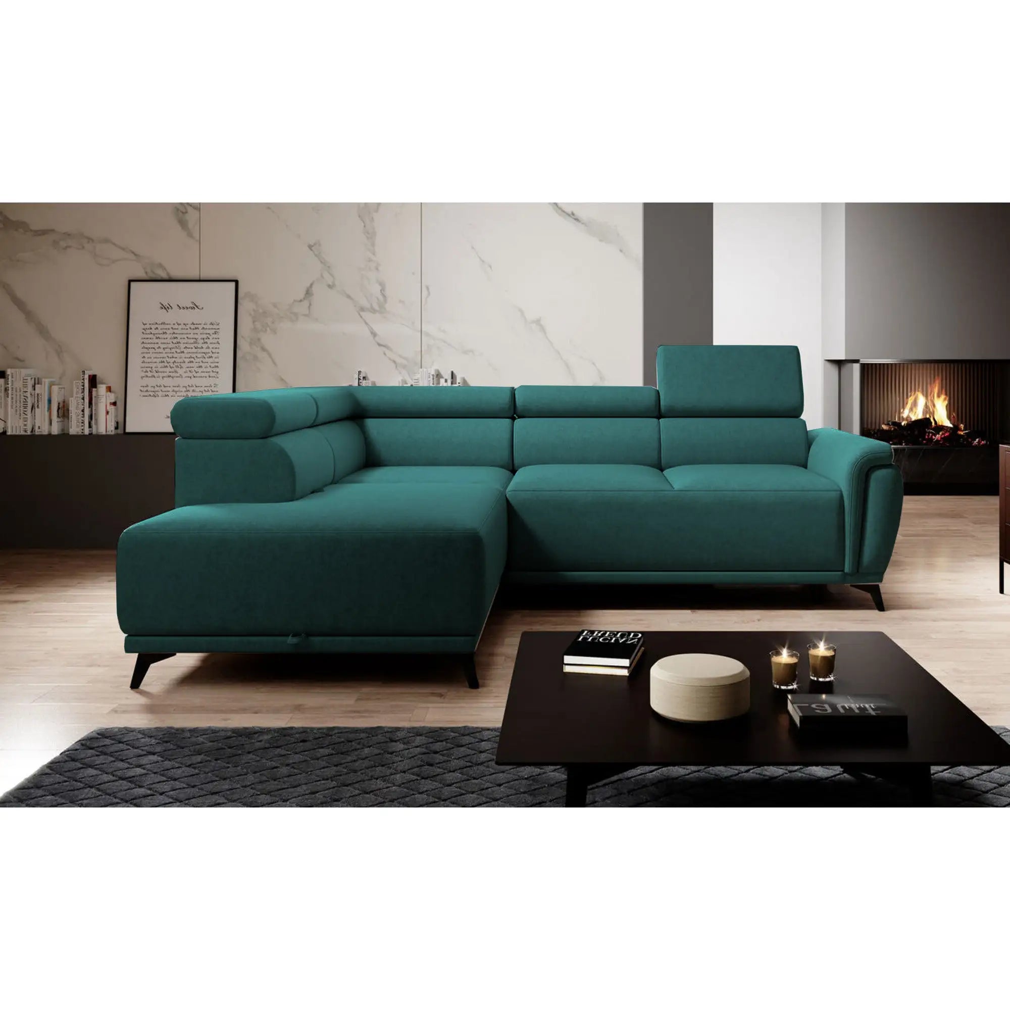 Coltar extensibil ATLANTA, personalizabil materiale gama Oferta Avantaj, cu lada depozitare si tetiere reglabile, 281x203x98 cm