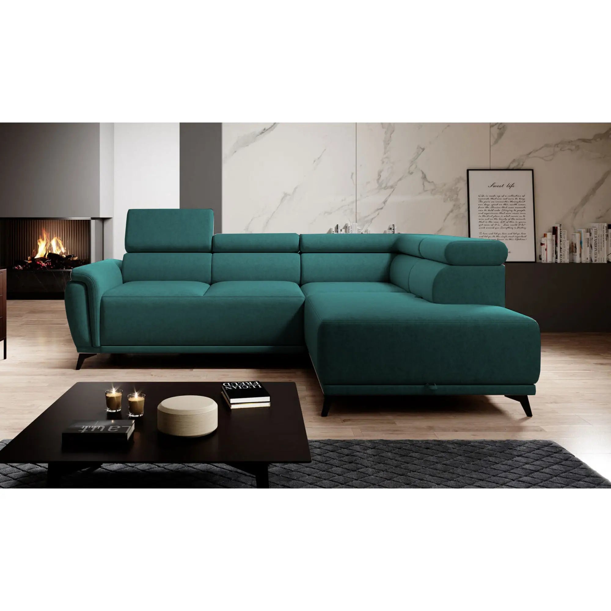 Coltar extensibil ATLANTA, personalizabil materiale gama Oferta Avantaj, cu lada depozitare si tetiere reglabile, 281x203x98 cm