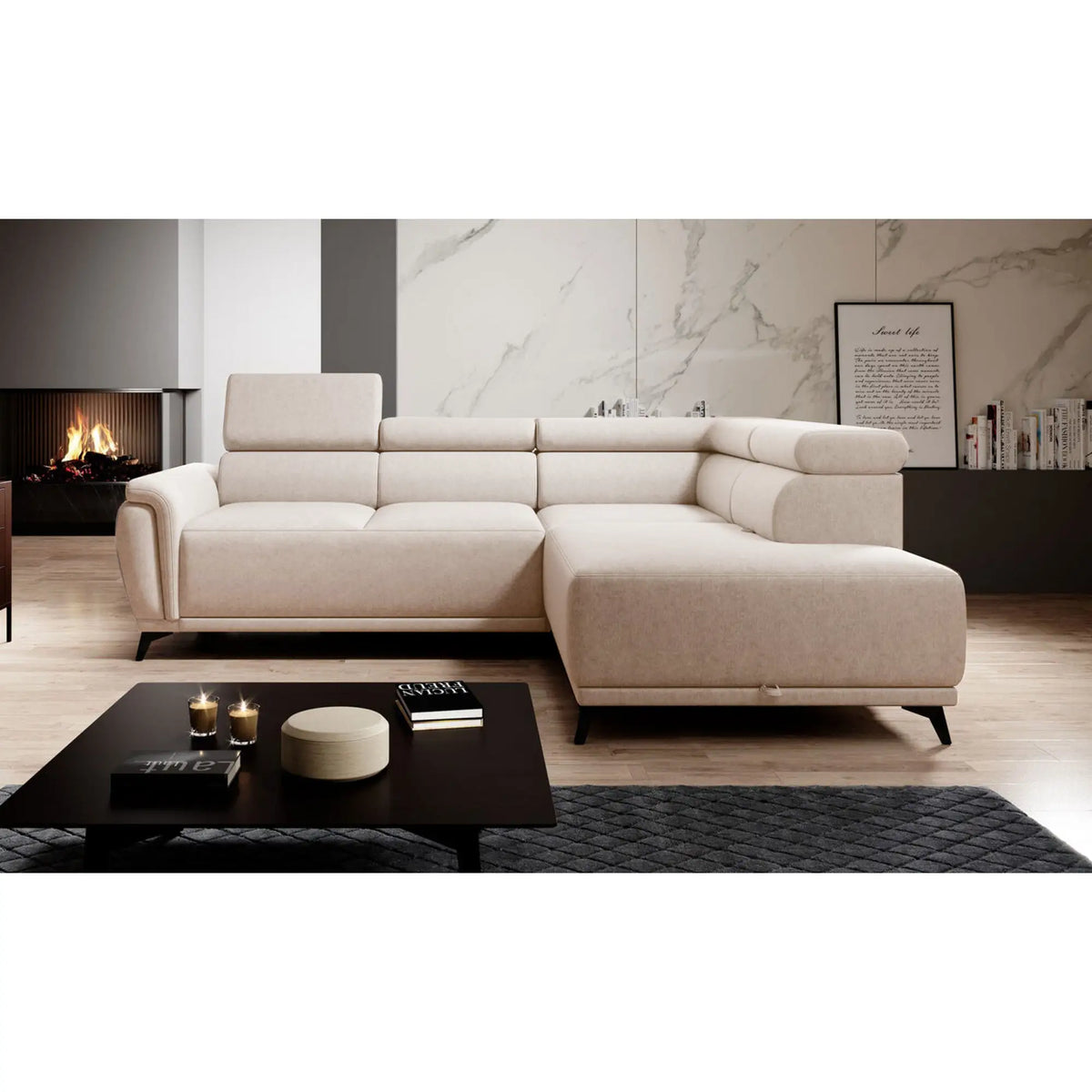 Coltar extensibil ATLANTA, sezlong dreapta, stofa clasica bej - Austin 2, cu lada depozitare si tetiere reglabile, 281x203x98 cm