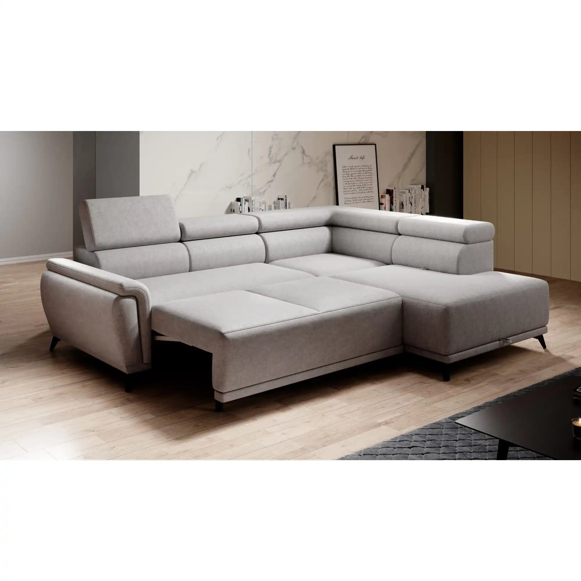 Coltar extensibil ATLANTA, sezlong stanga, stofa catifelata gri - Salvador 14, Gama Premium, cu lada depozitare si tetiere reglabile, 281x203x98 cm