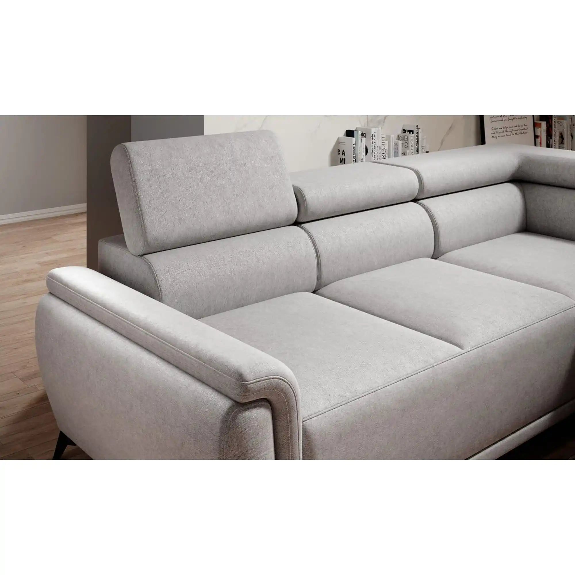 Coltar extensibil ATLANTA, sezlong stanga, stofa catifelata maro deschis - Palladium 4, Gama Premium, cu lada depozitare si tetiere reglabile, 281x203x98 cm