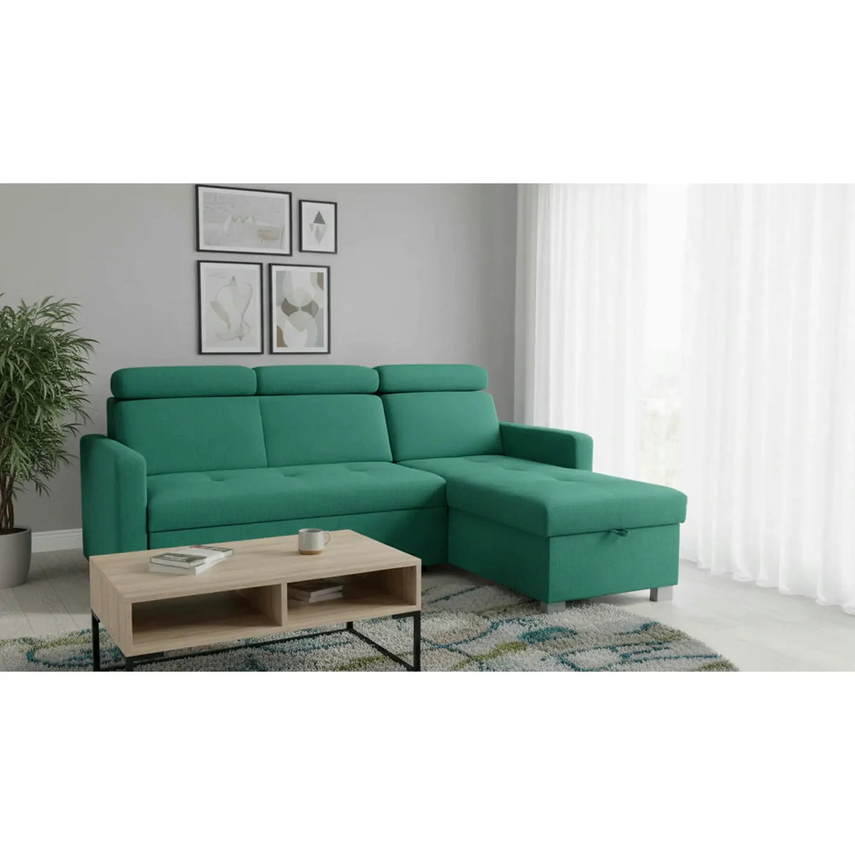 Coltar extensibil BRICO, universal, stofa catifelata verde - Element 20, cu lada depozitare, 204x168x99 cm