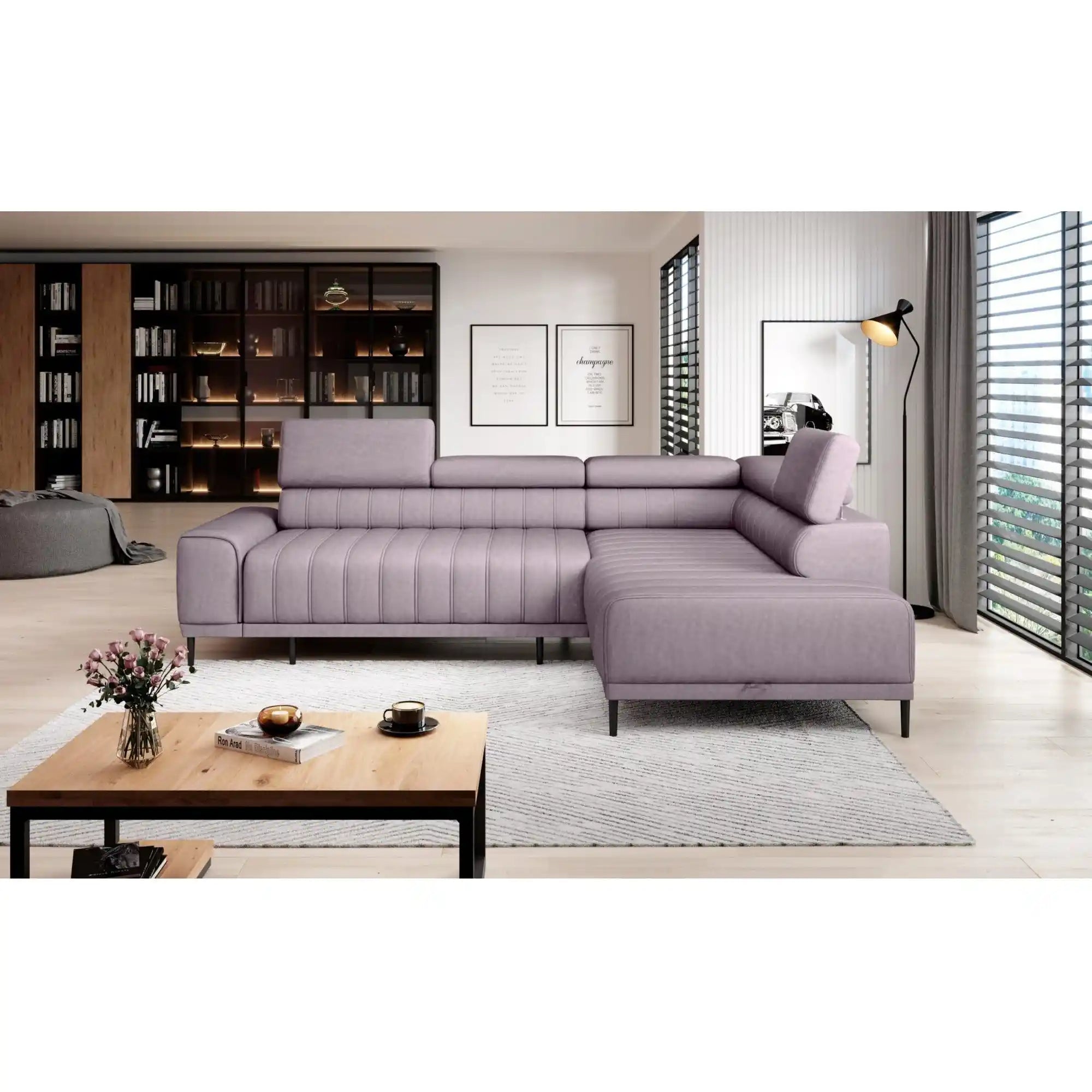 Coltar extensibil CALDO L, personalizabil materiale gama Oferta Avantaj, cu lada depozitare si tetiere reglabile, 268x200x99 cm