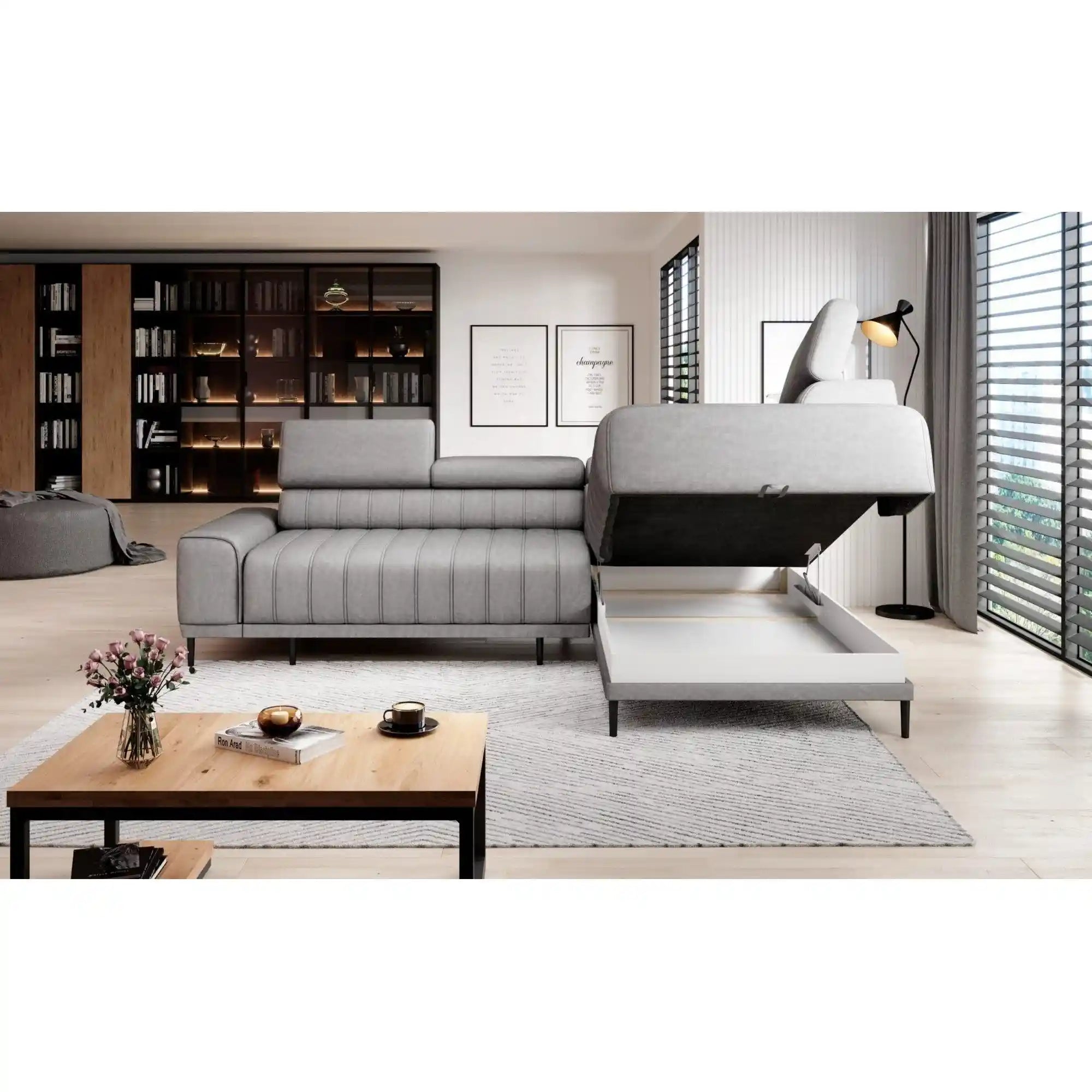 Coltar extensibil CALDO L, personalizabil materiale gama Premium, cu lada depozitare si tetiere reglabile, 268x200x99 cm