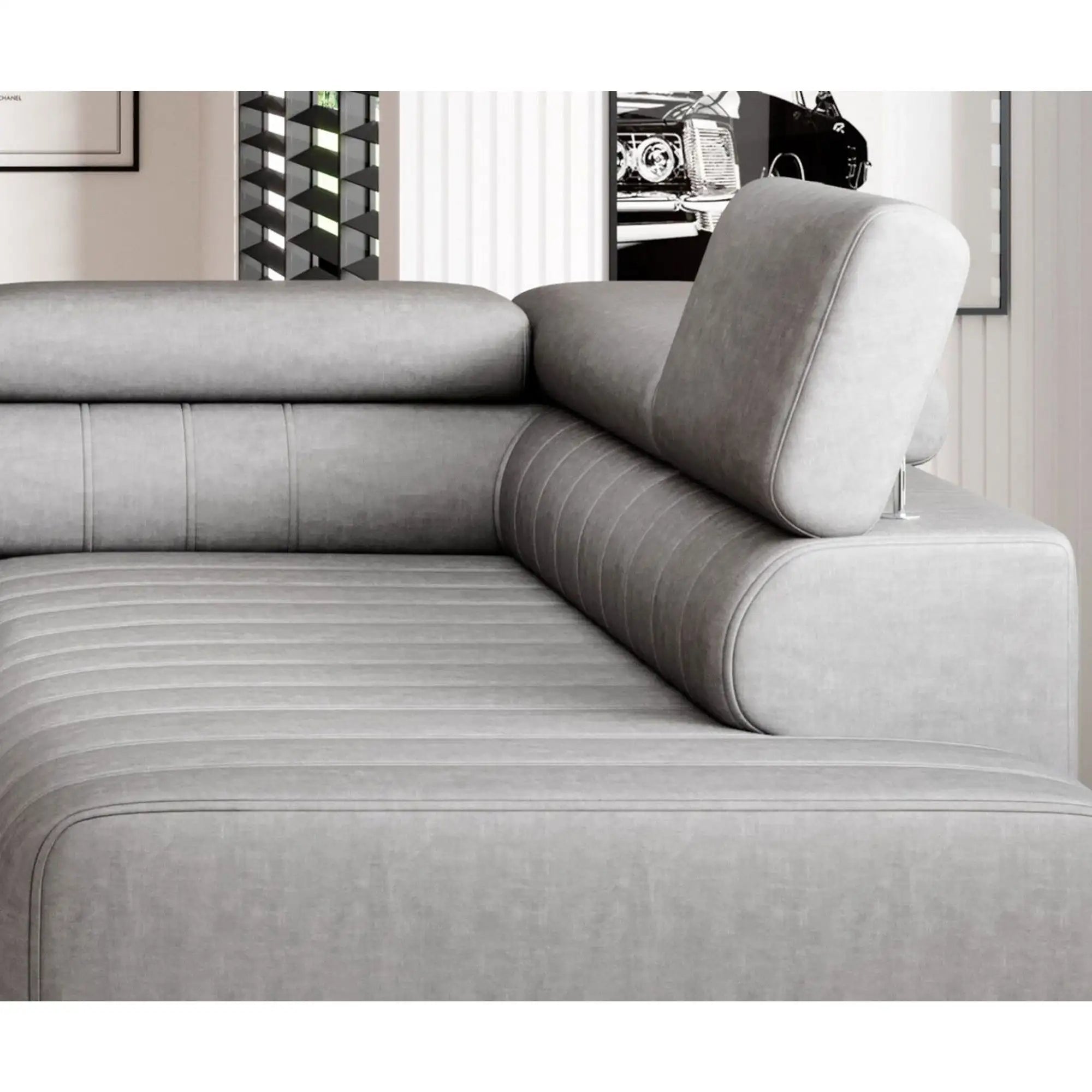 Coltar extensibil CALDO L, personalizabil materiale gama Premium, cu lada depozitare si tetiere reglabile, 268x200x99 cm