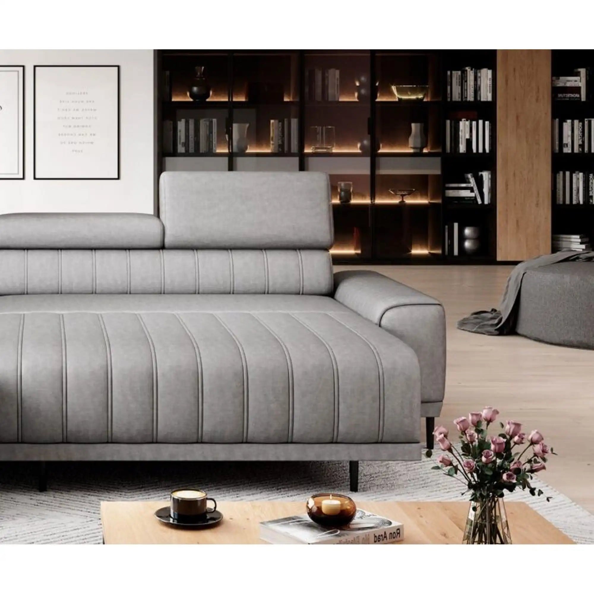 Coltar extensibil CALDO L, personalizabil materiale gama Premium, cu lada depozitare si tetiere reglabile, 268x200x99 cm