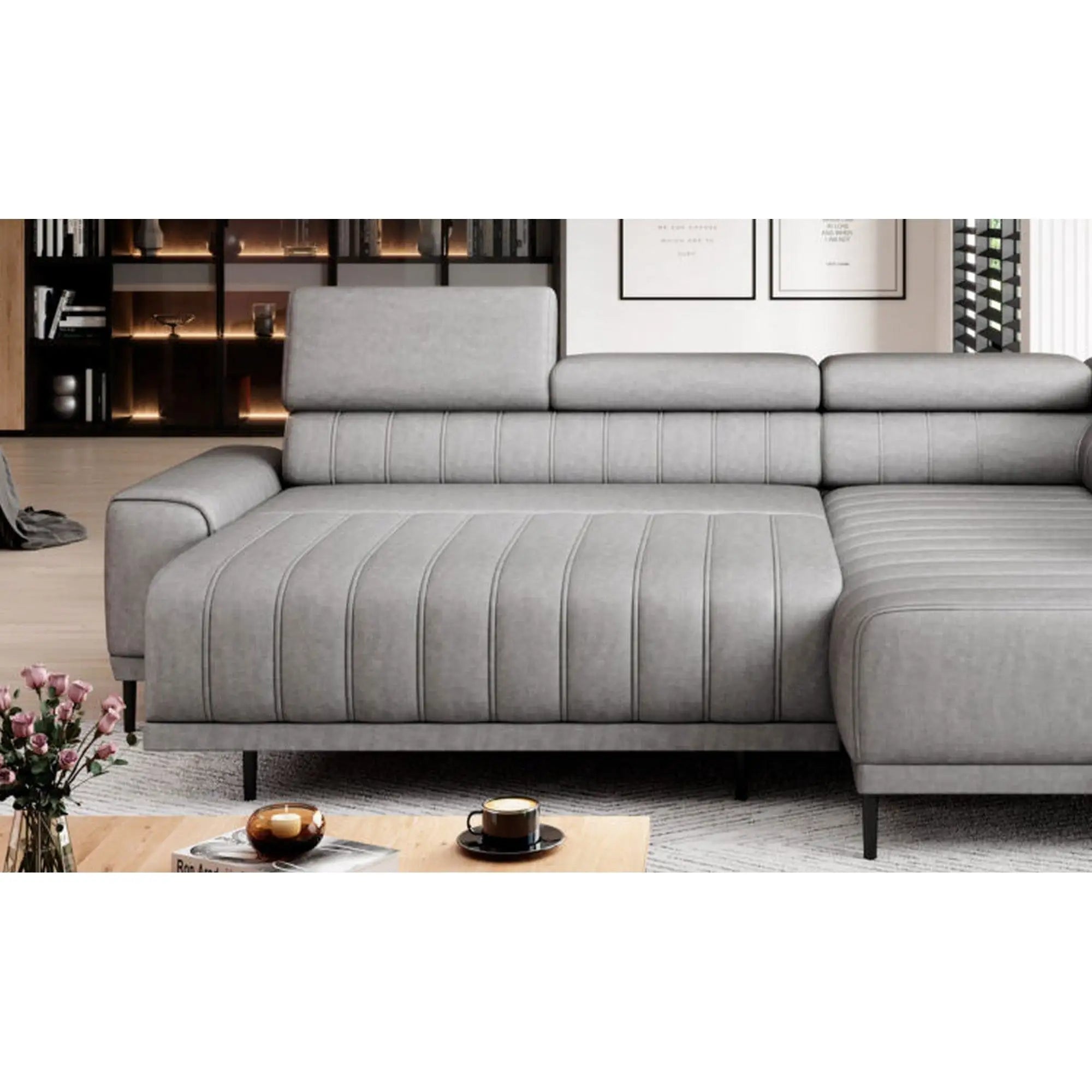 Coltar extensibil CALDO L, personalizabil materiale gama Premium, cu lada depozitare si tetiere reglabile, 268x200x99 cm