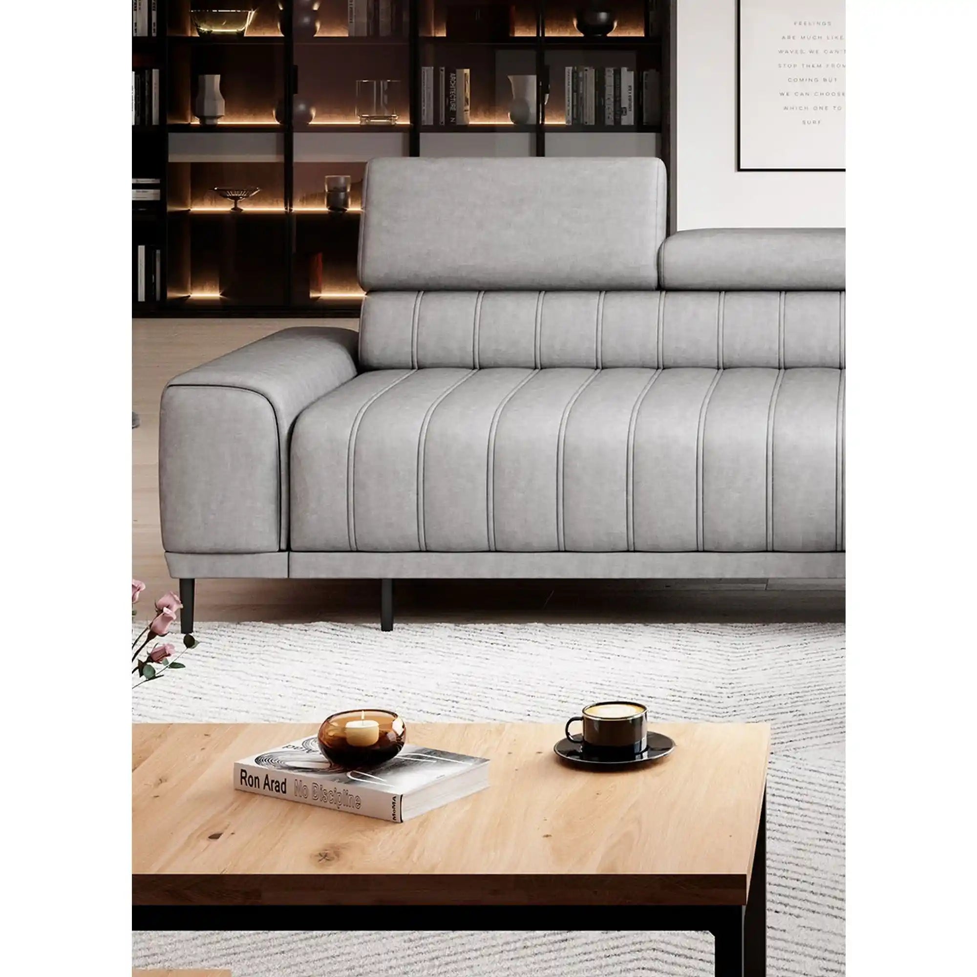 Coltar extensibil CALDO L, personalizabil materiale gama Premium, cu lada depozitare si tetiere reglabile, 268x200x99 cm