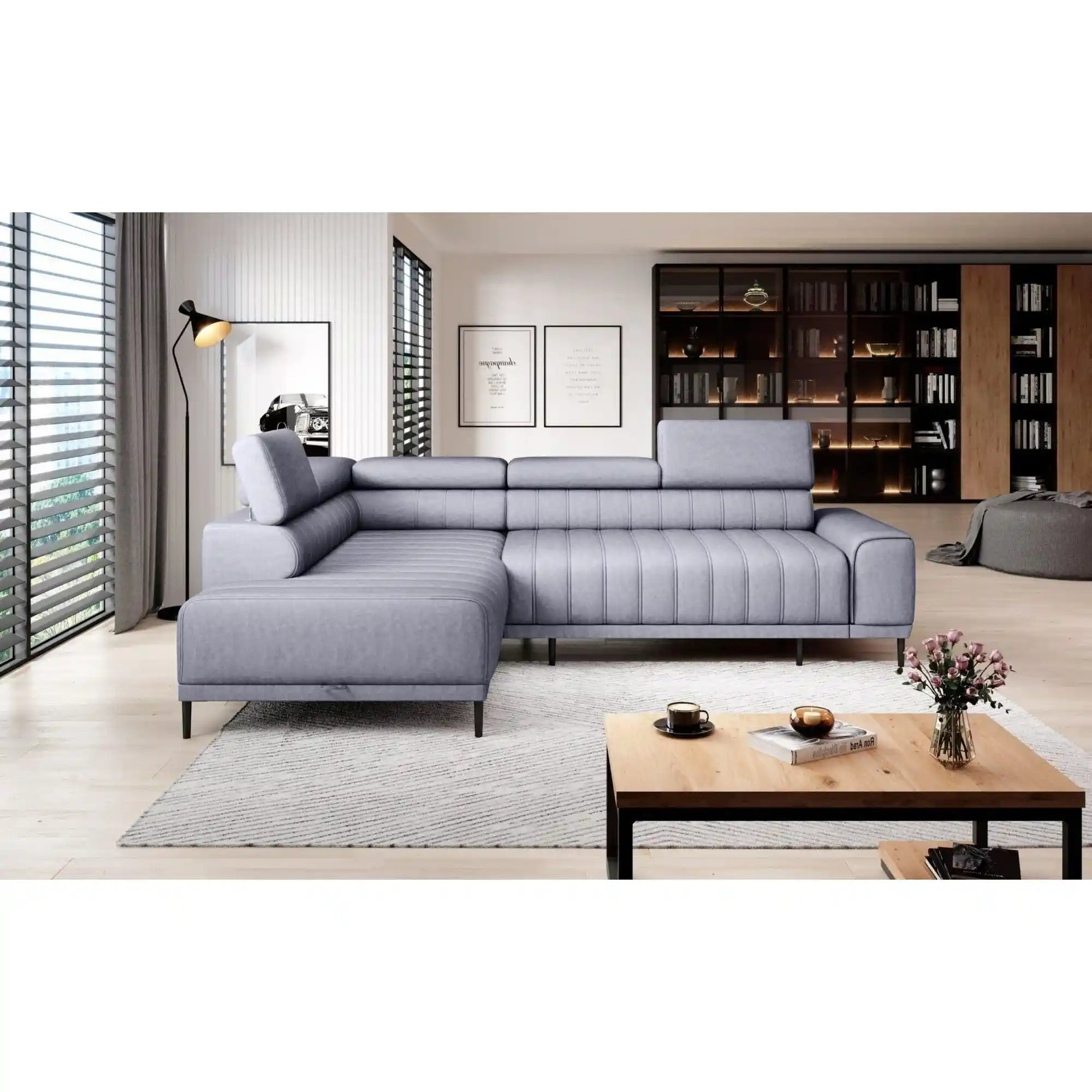 Coltar extensibil CALDO L, sezlong stanga, stofa catifelata crem - Salvador 01, Gama Premium, cu lada depozitare si tetiere reglabile, 268x200x99 cm