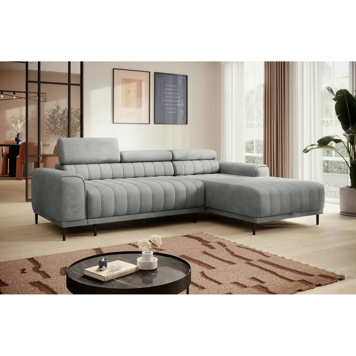 Coltar extensibil CALDO MINI, personalizabil, cu lada depozitare si tetiere reglabile, 272x178x99 cm