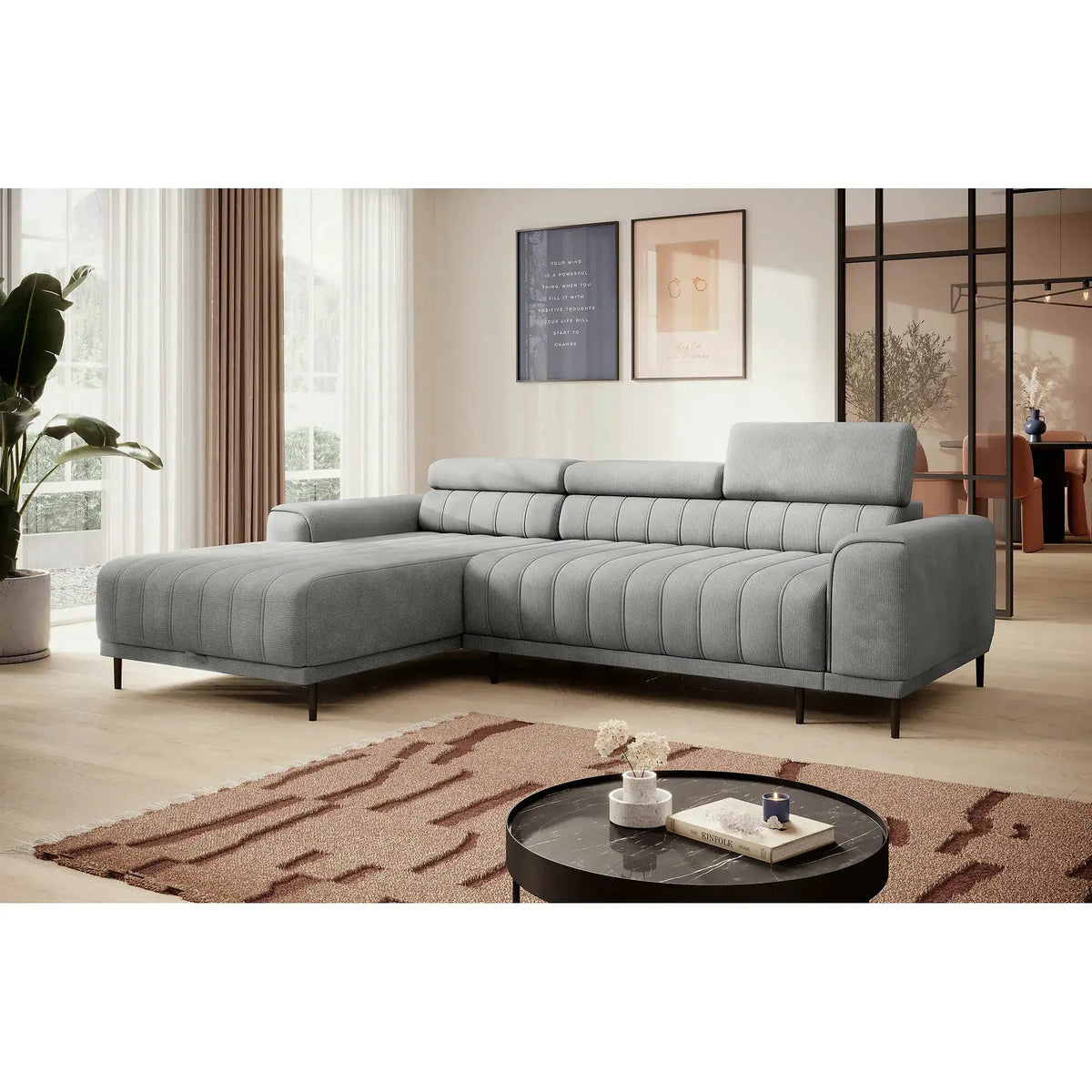 Coltar extensibil CALDO MINI, personalizabil, cu lada depozitare si tetiere reglabile, 272x178x99 cm
