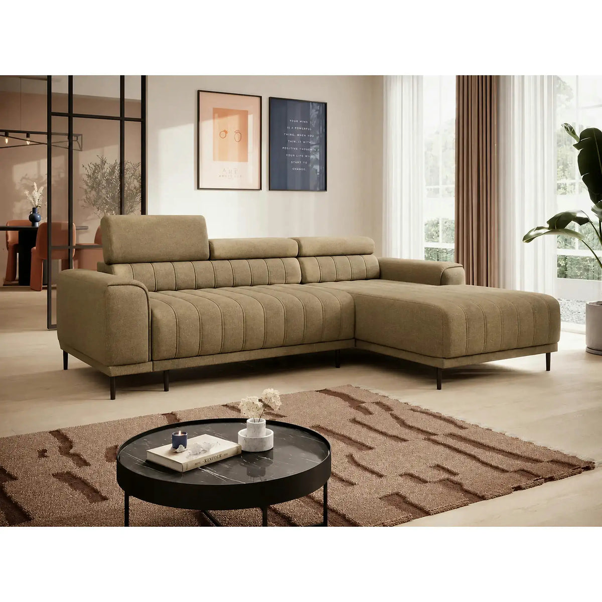 Coltar extensibil CALDO MINI, sezlong dreapta, stofa catifelata verde olive - Salvador 10, cu lada depozitare si tetiere reglabile, 272x178x99 cm