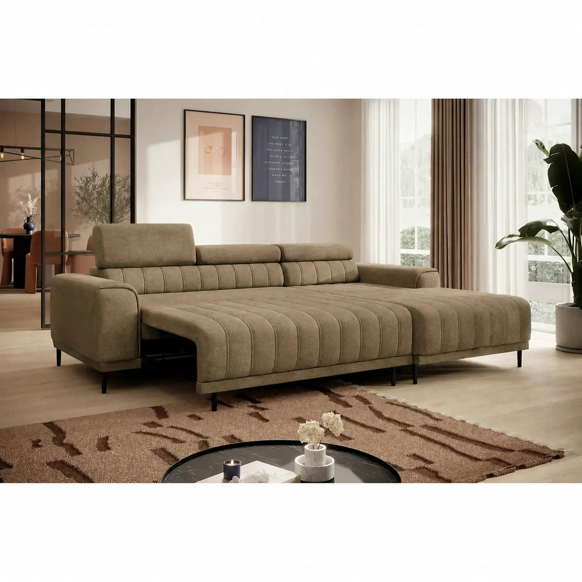 Coltar extensibil CALDO MINI, sezlong dreapta, stofa catifelata verde olive - Salvador 10, cu lada depozitare si tetiere reglabile, 272x178x99 cm