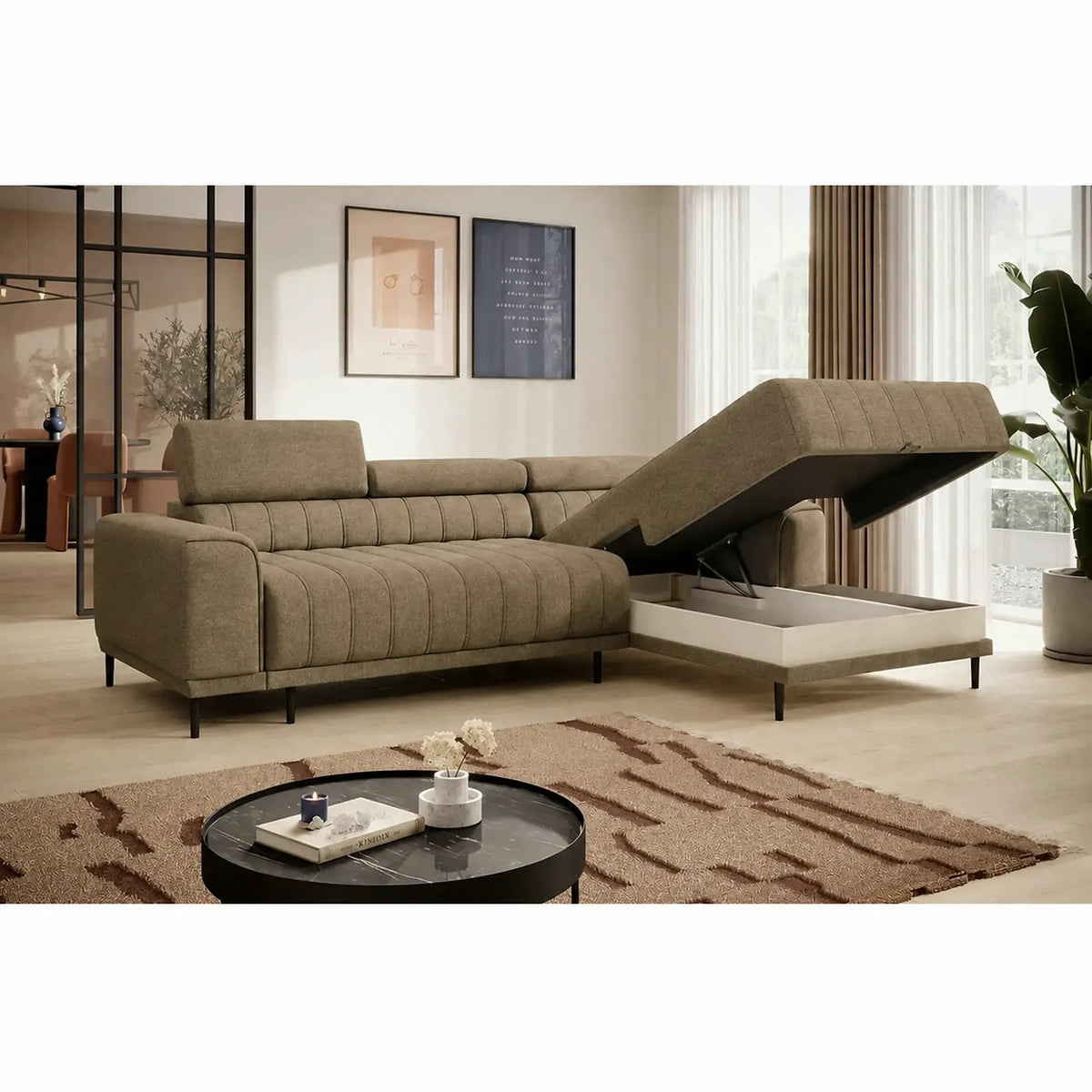 Coltar extensibil CALDO MINI, sezlong dreapta, stofa catifelata verde olive - Salvador 10, cu lada depozitare si tetiere reglabile, 272x178x99 cm