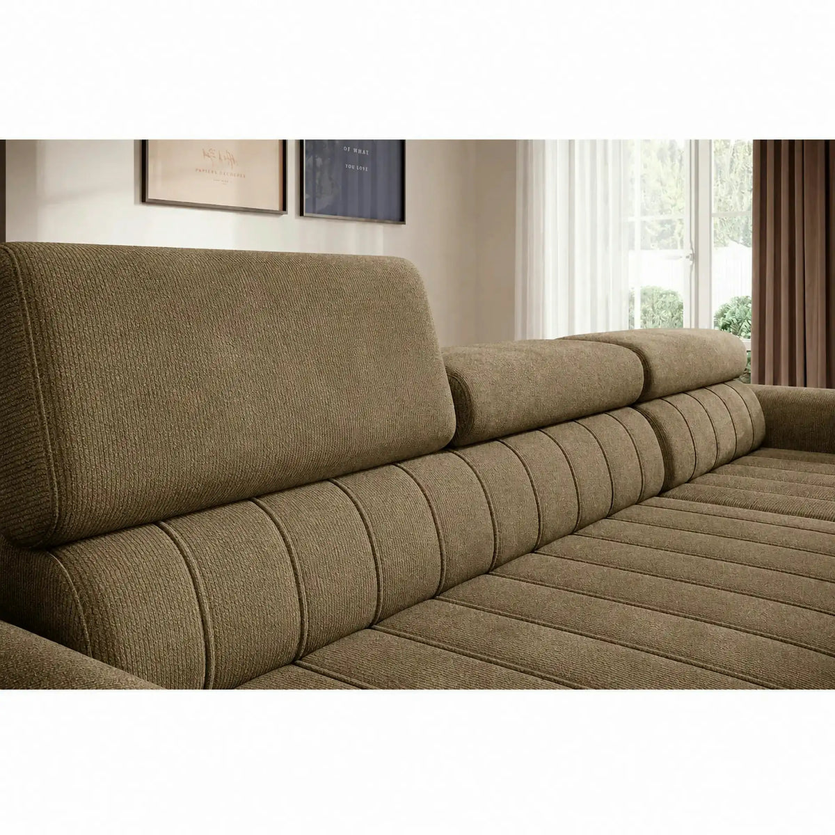 Coltar extensibil CALDO MINI, sezlong dreapta, stofa catifelata verde olive - Salvador 10, cu lada depozitare si tetiere reglabile, 272x178x99 cm